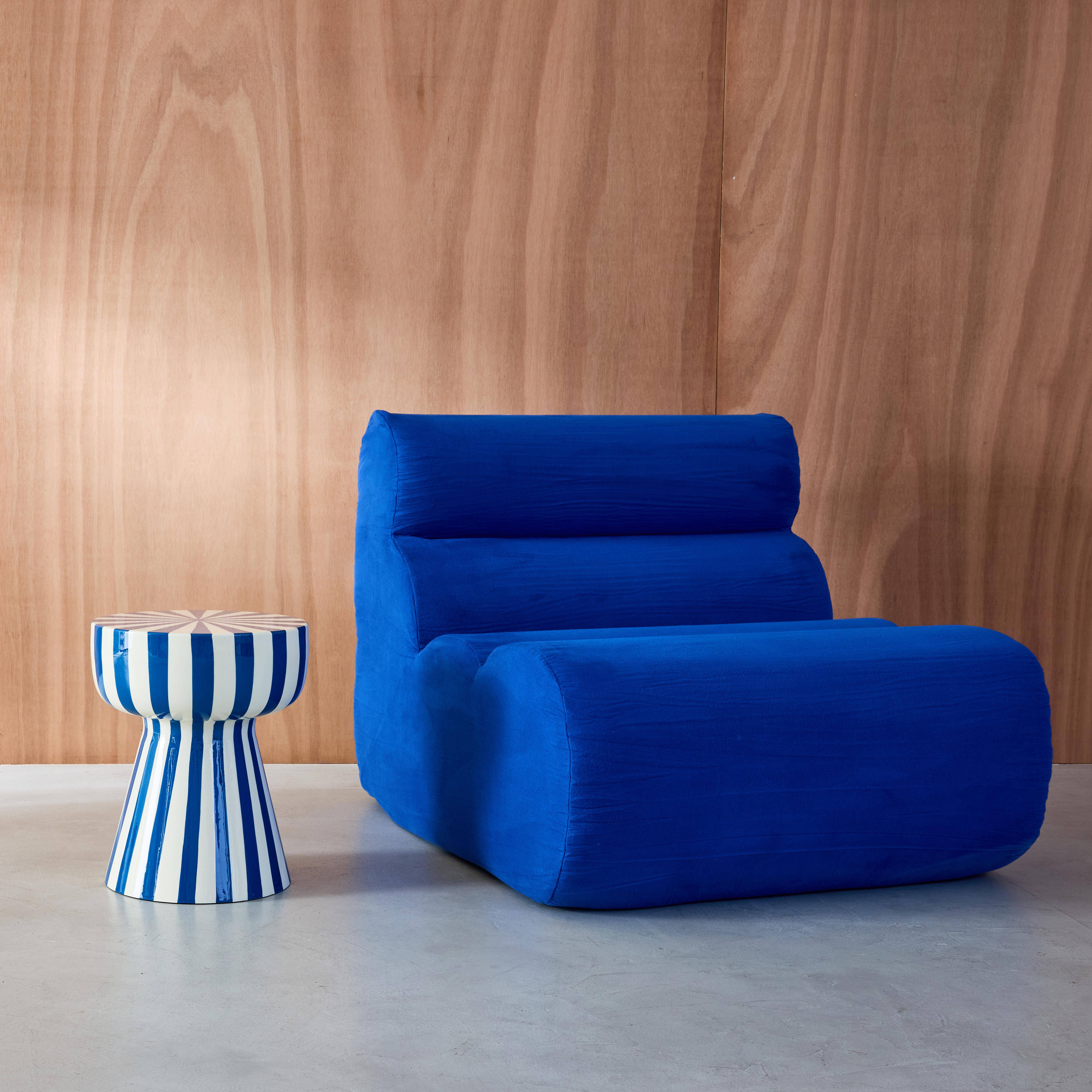 Bijzettafel, nachtkastje, geëmailleerd staal gestreept blauw en wit Ø34 x H41cm - Ziggy Photo2