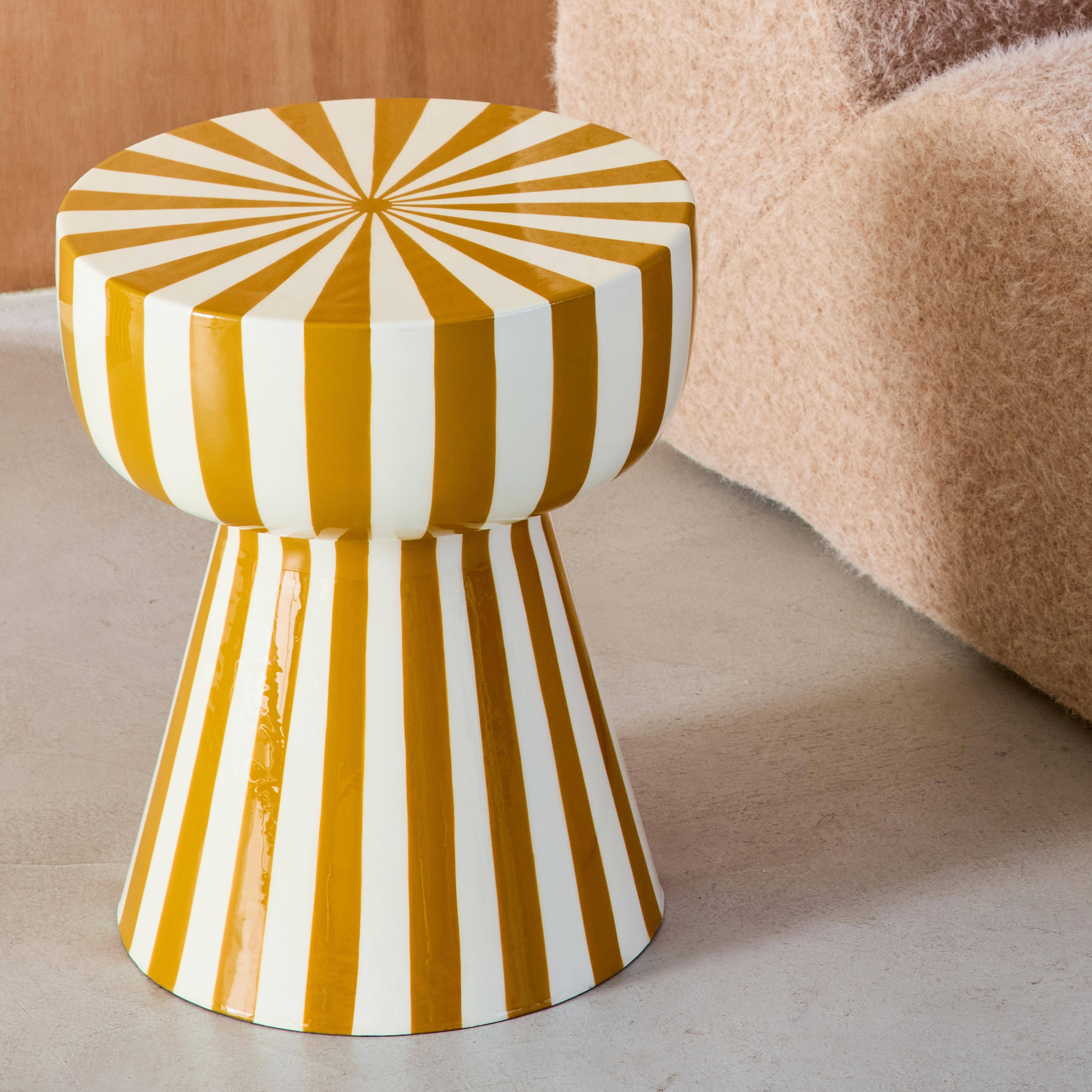 Bijzettafel, nachtkastje, geëmailleerd staal gestreept oker en wit Ø34 x H41cm - Ziggy Photo4