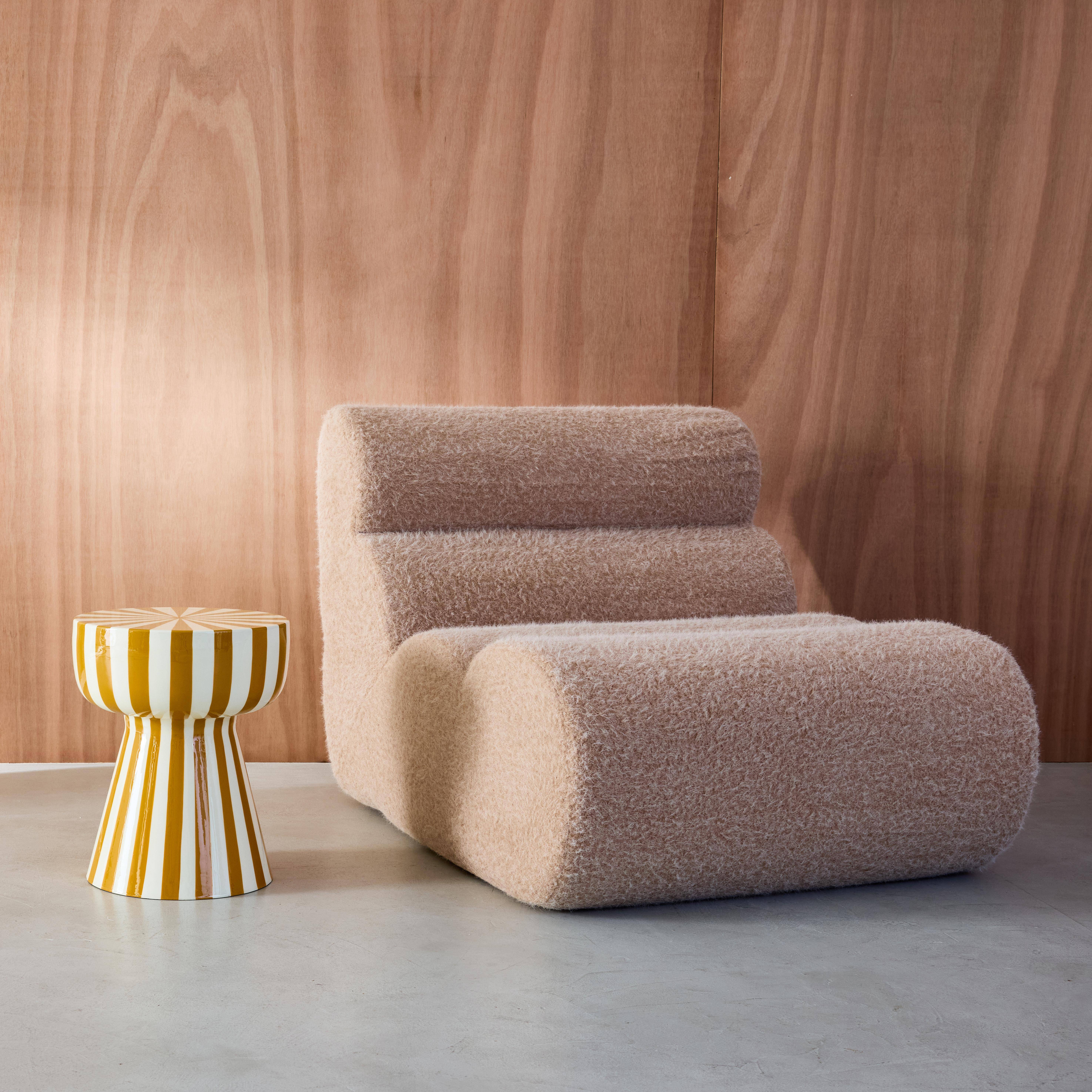 Bijzettafel, nachtkastje, geëmailleerd staal gestreept oker en wit Ø34 x H41cm - Ziggy Photo2