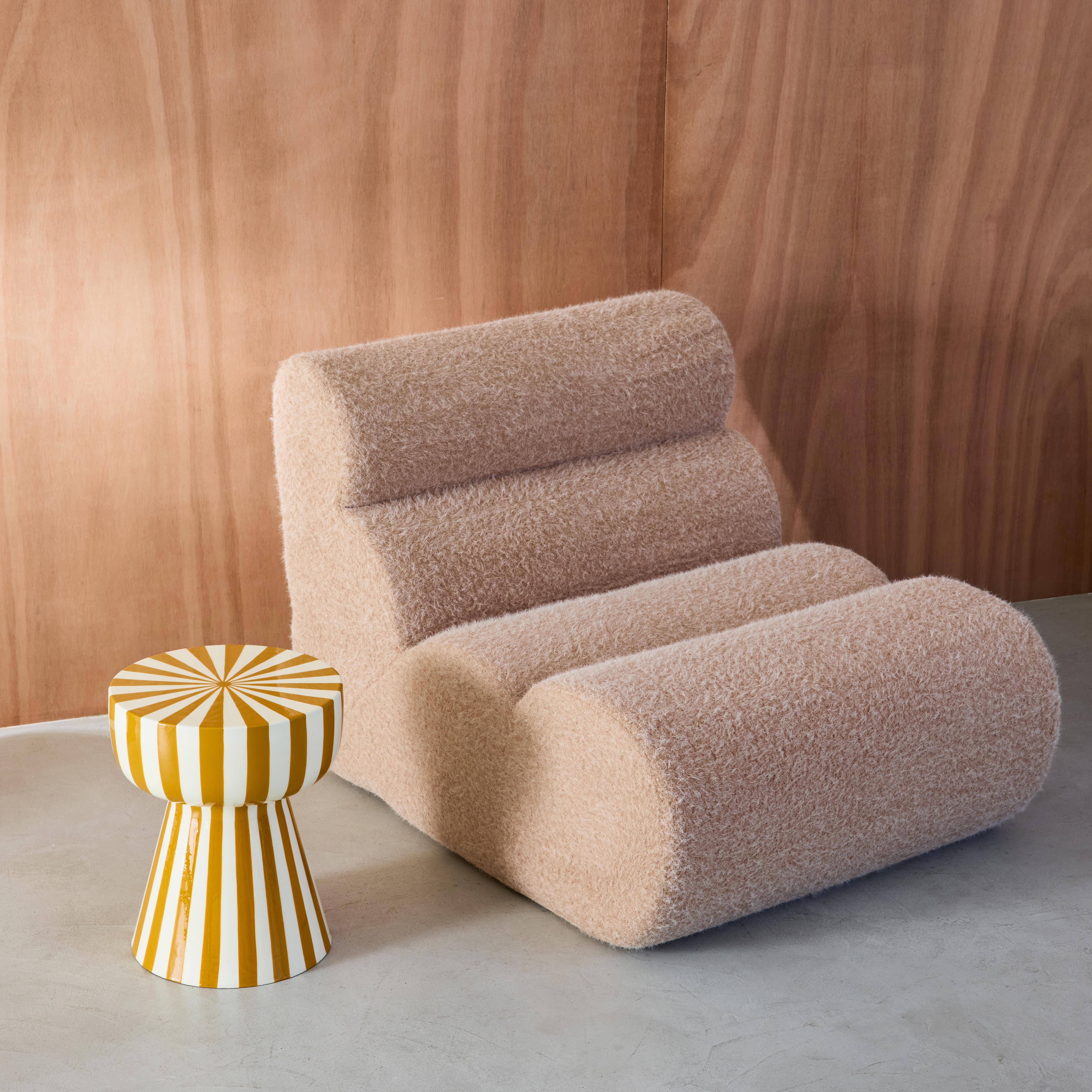 Bijzettafel, nachtkastje, geëmailleerd staal gestreept oker en wit Ø34 x H41cm - Ziggy Photo3