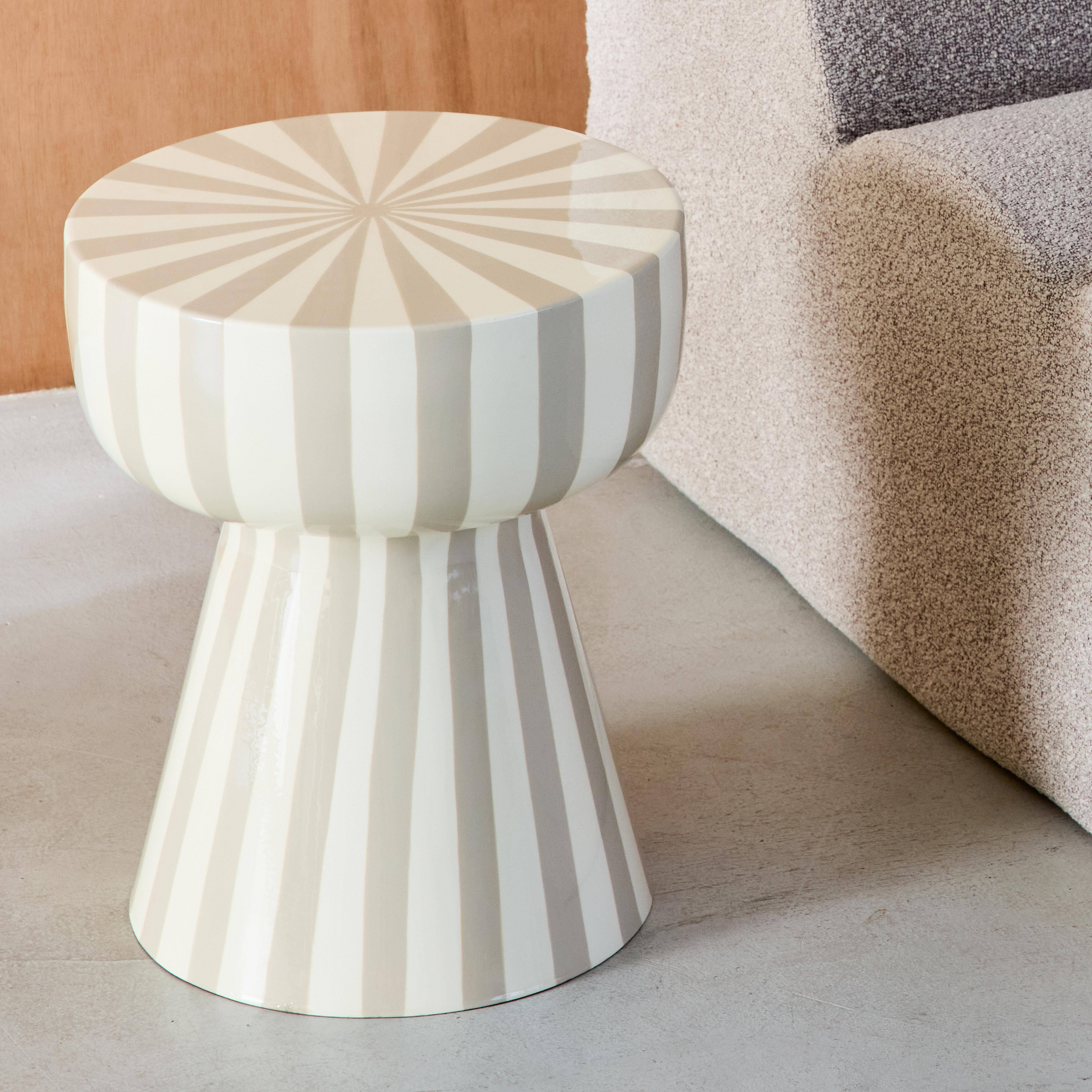 Bijzettafel, nachtkastje, geëmailleerd staal gestreept grijsbeige en wit Ø34 x H41cm - Ziggy Photo4
