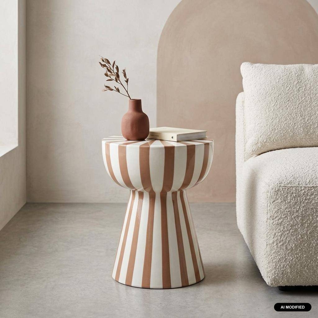 Table d'appoint, bout de canapé, table de chevet, acier émaillé rayures bicolore, gris beige et blanc, Ø34 x H41cm,sweeek,Photo1