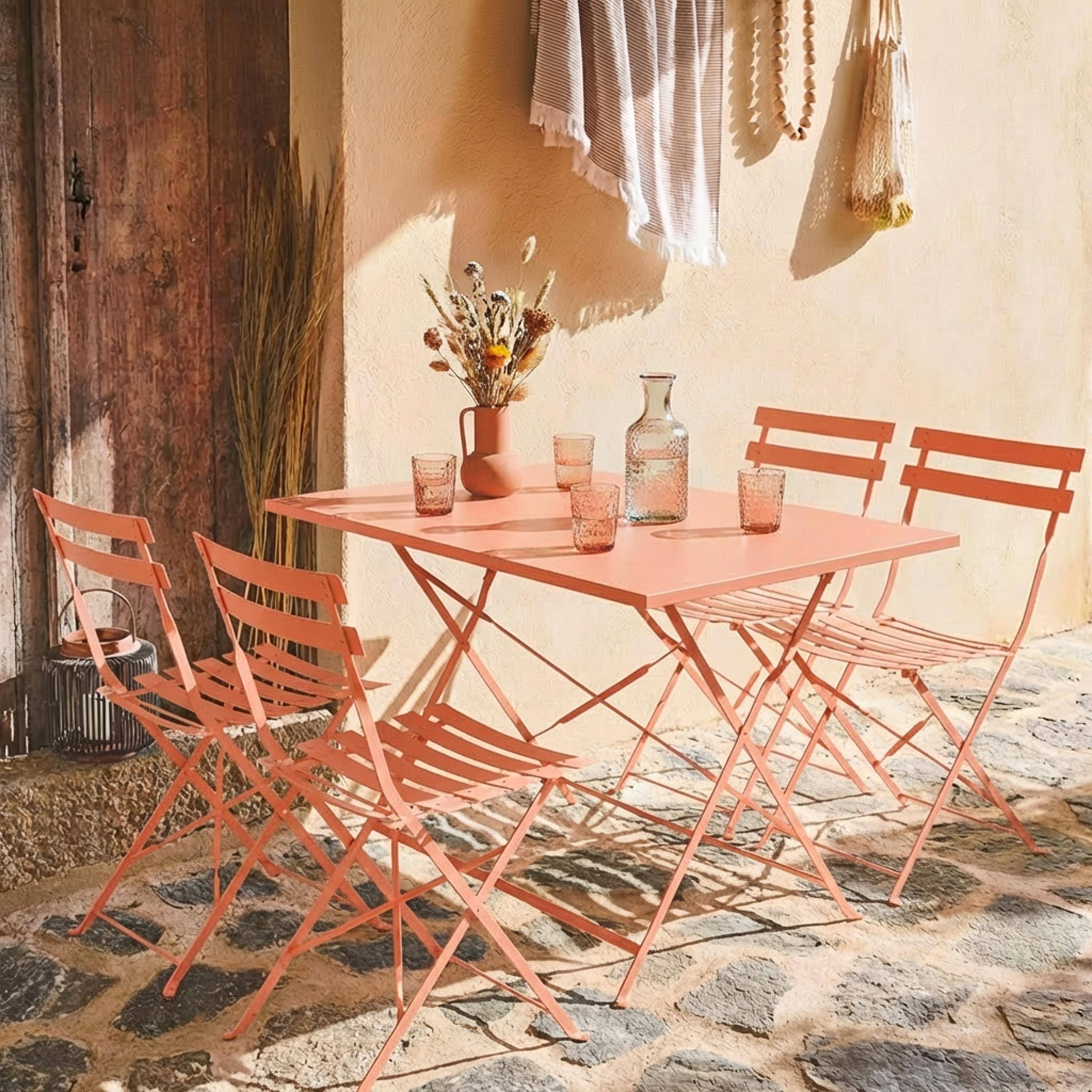 Mesa de jardim bistrô dobrável em aço com 4 cadeiras, 110cm Rosa tostato - 110x70x72 cm Photo1