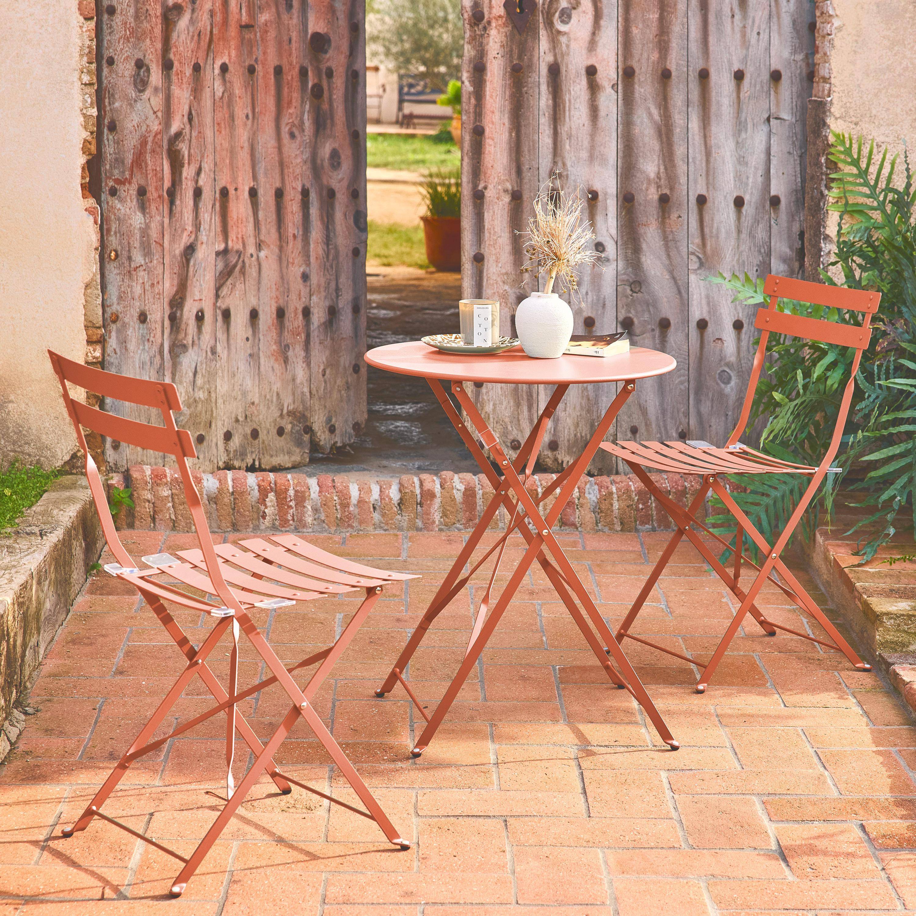Tavolo da giardino bistrot pieghevole in metallo con 2 sedie, Emilia, Rosa tostato, 60x60x71 cm,sweeek,Photo1