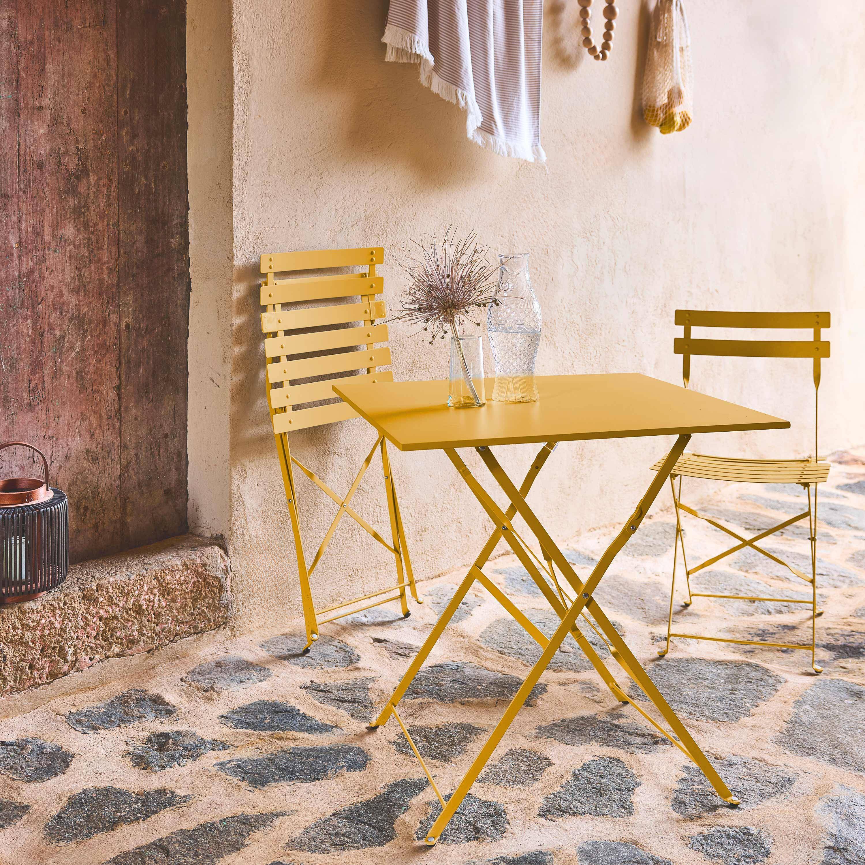 Table de jardin bistrot pliante métal + 2 assises ocre 70 x 70cm, acier thermolaqué Photo2