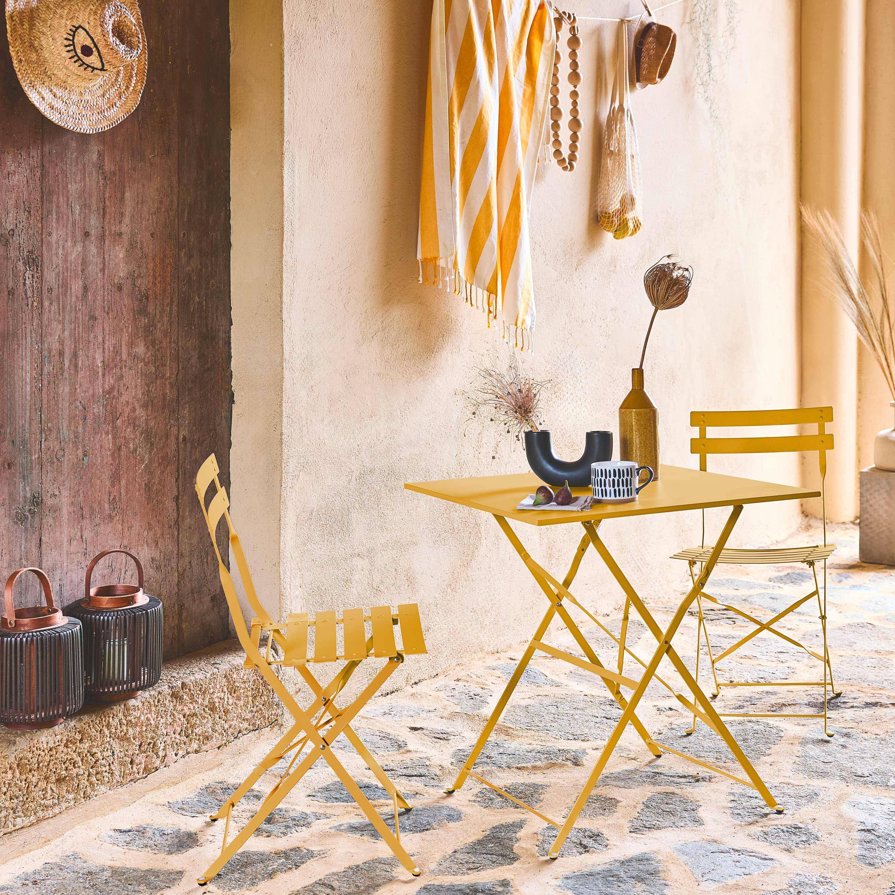 Table de jardin bistrot pliante métal + 2 assises ocre 70 x 70cm, acier thermolaqué Photo1