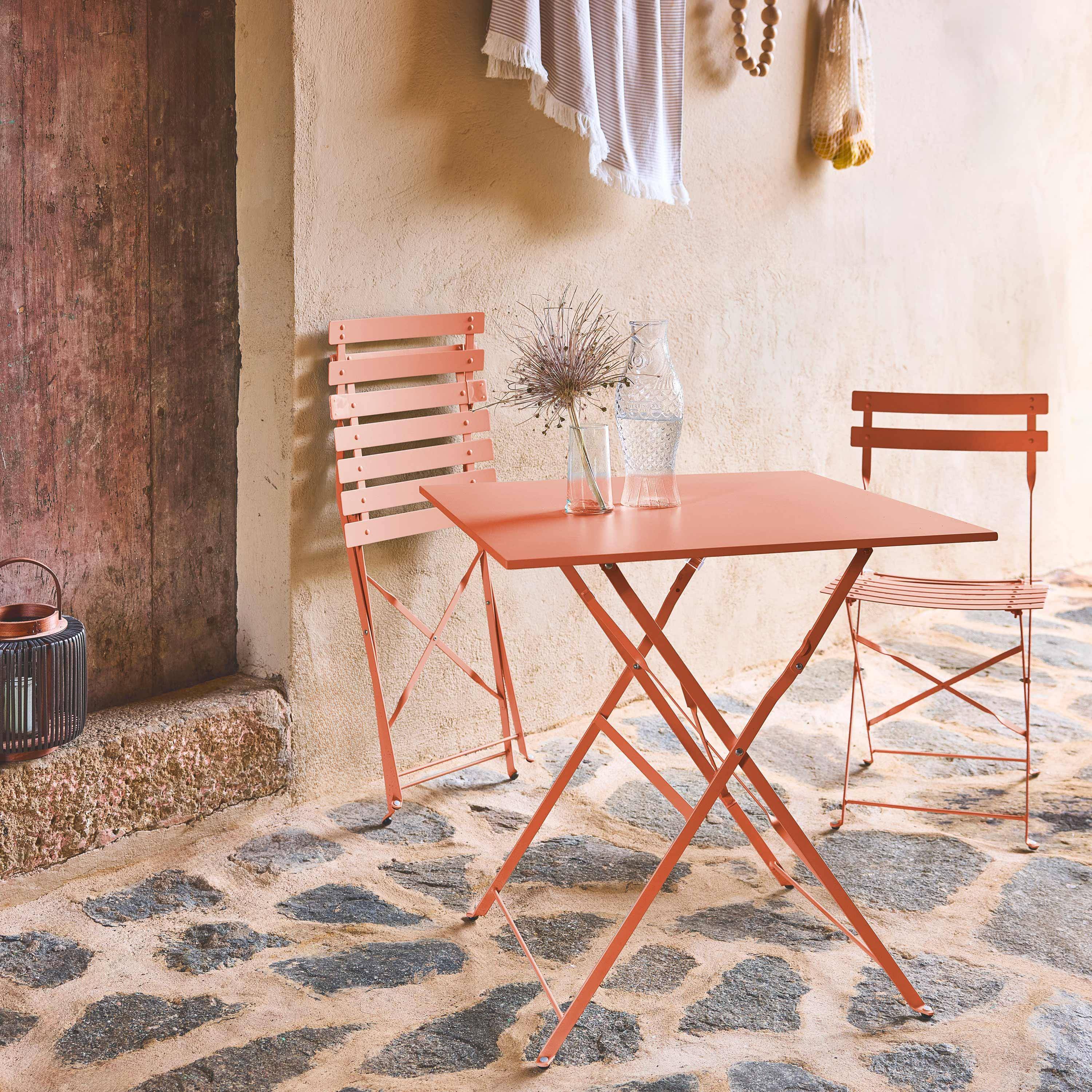 Table de jardin bistrot pliante métal + 2 assises tomette 70 x 70cm, acier thermolaqué Photo2