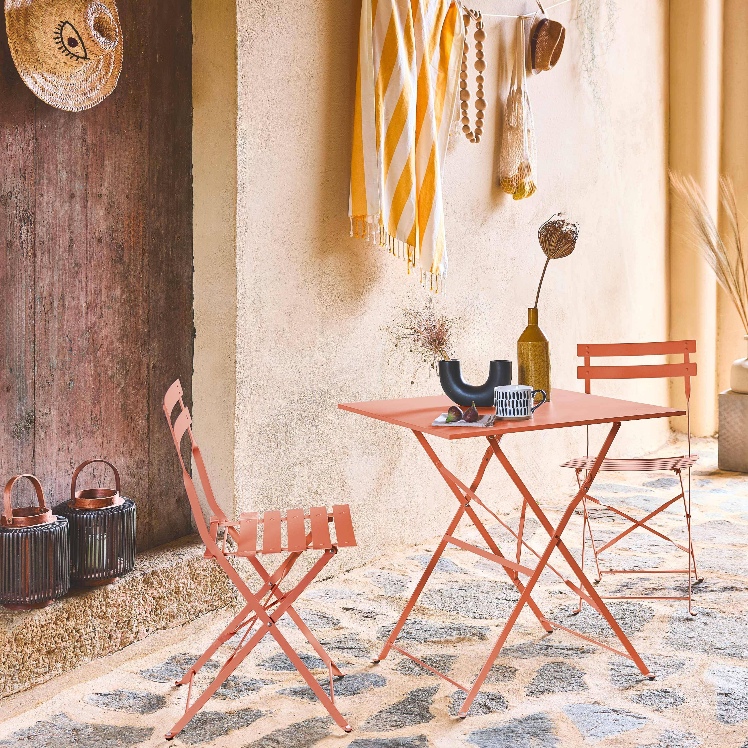 Table de jardin bistrot pliante métal + 2 assises tomette 70 x 70cm, acier thermolaqué Photo1