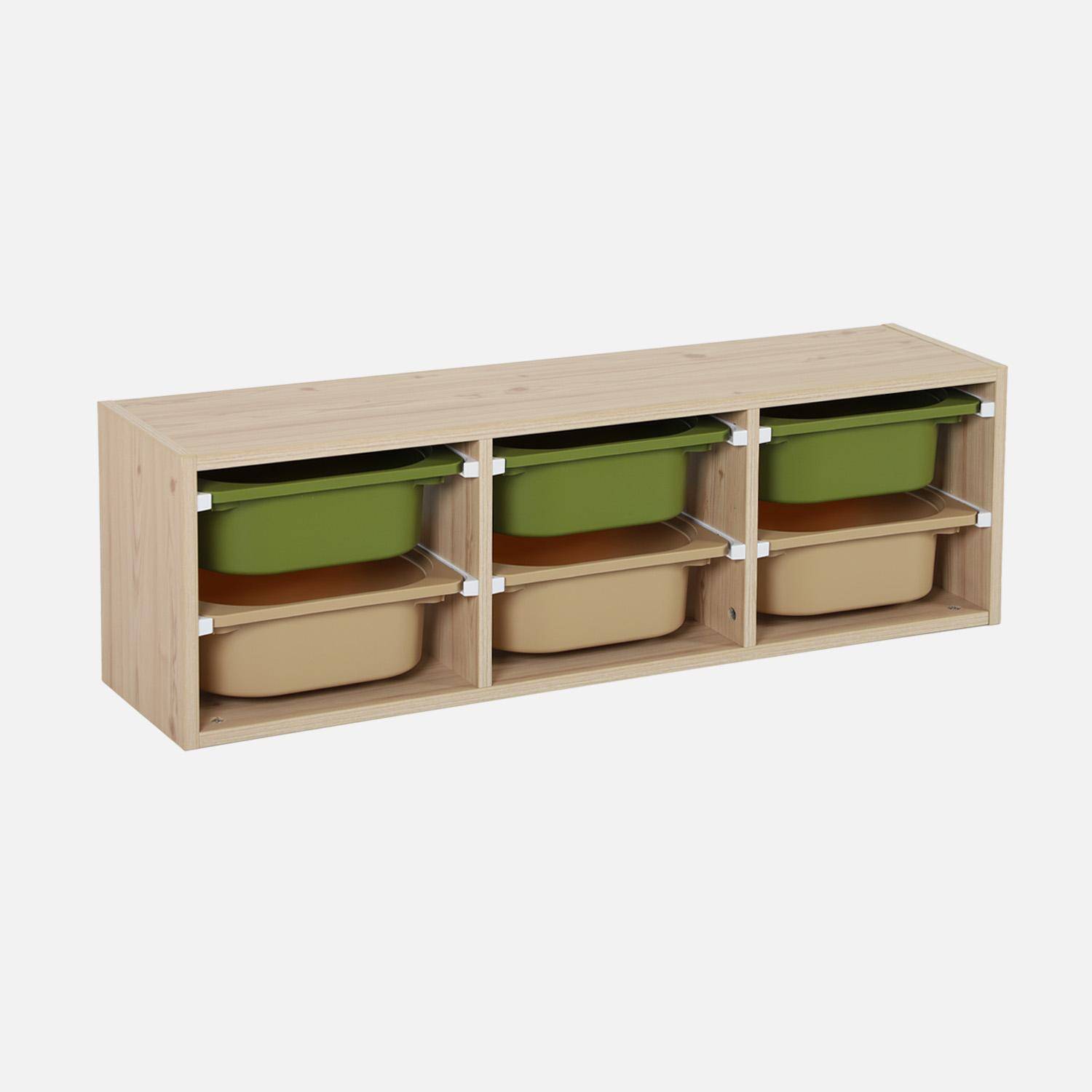 Meuble de rangement naturel pour enfant, 6 bacs en plastique vert olive taupe - Sora,sweeek,Photo2