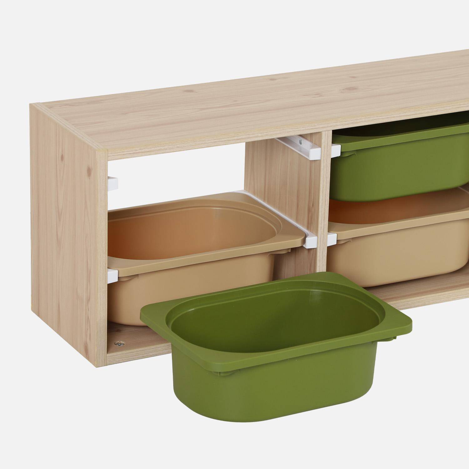 Meuble de rangement naturel pour enfant, 6 bacs en plastique vert olive taupe - Sora Photo3