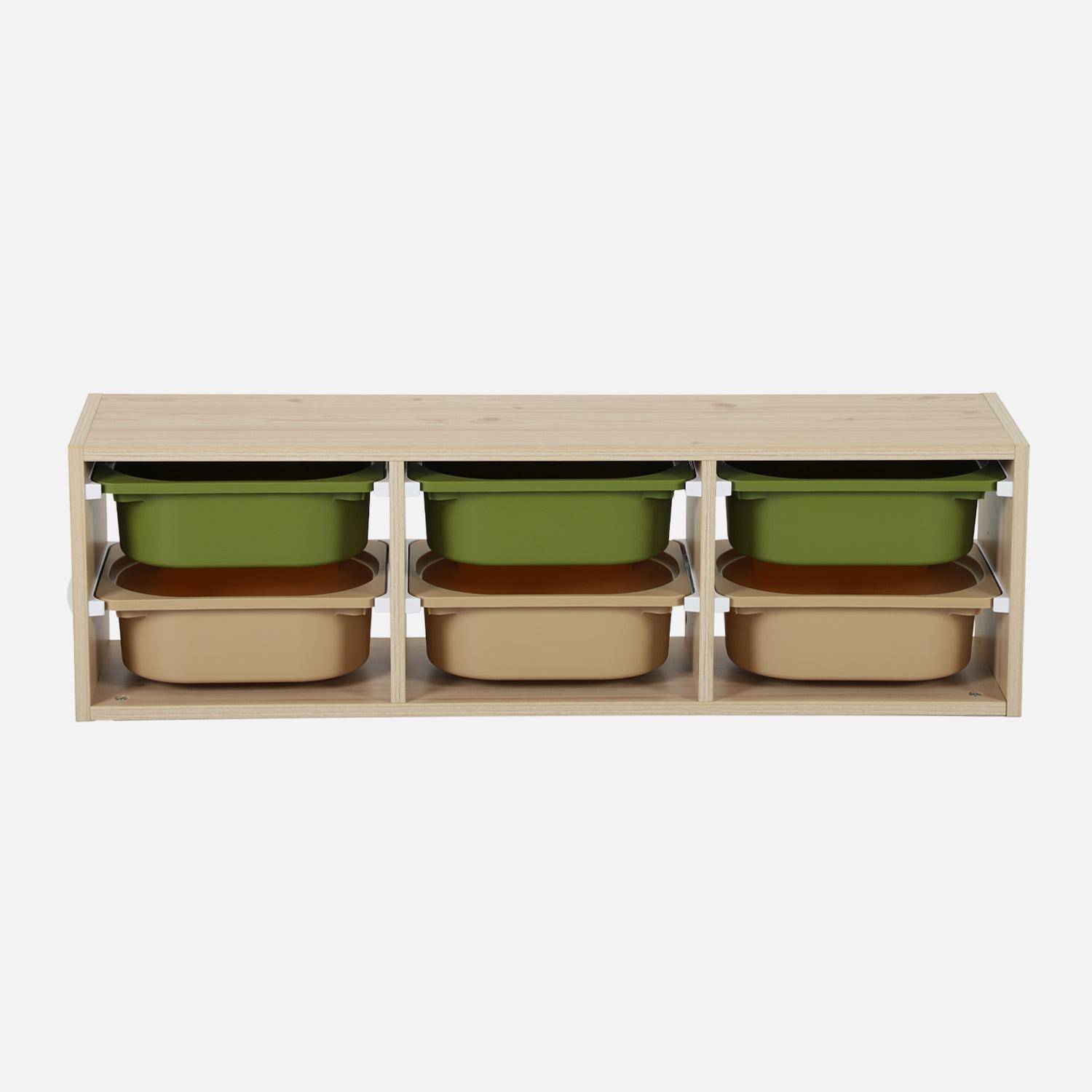 Meuble de rangement naturel pour enfant, 6 bacs en plastique vert olive taupe - Sora Photo2