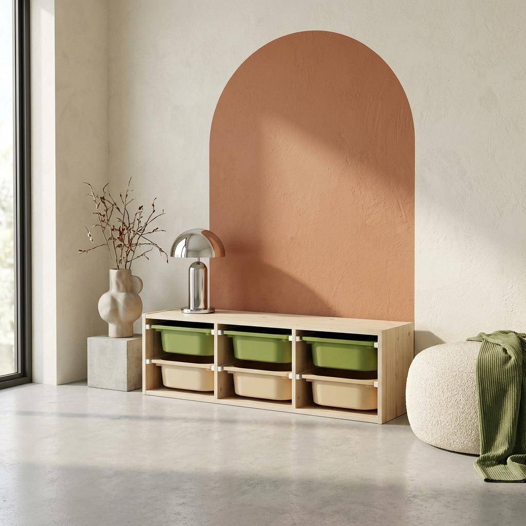 Meuble de rangement naturel pour enfant, 6 bacs en plastique vert olive taupe - Sora,sweeek,Photo1