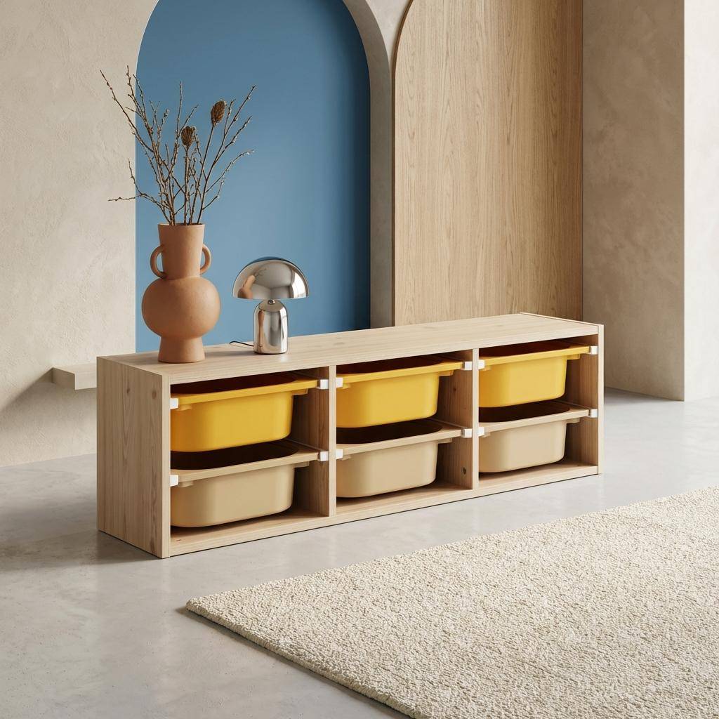 Meuble de rangement naturel pour enfant, 6 bacs en plastique moutarde taupe - Sora Photo1