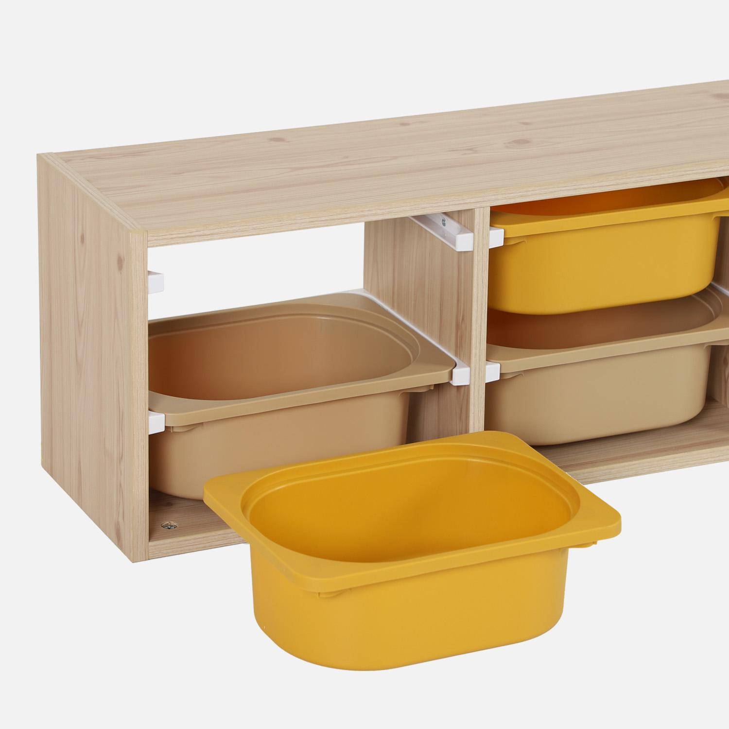 Meuble de rangement naturel pour enfant, 6 bacs en plastique moutarde taupe - Sora Photo3