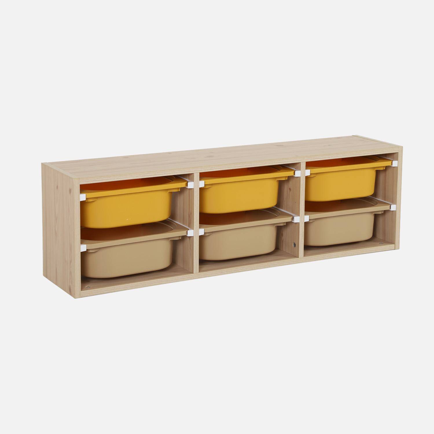 Meuble de rangement naturel pour enfant, 6 bacs en plastique moutarde taupe - Sora Photo1