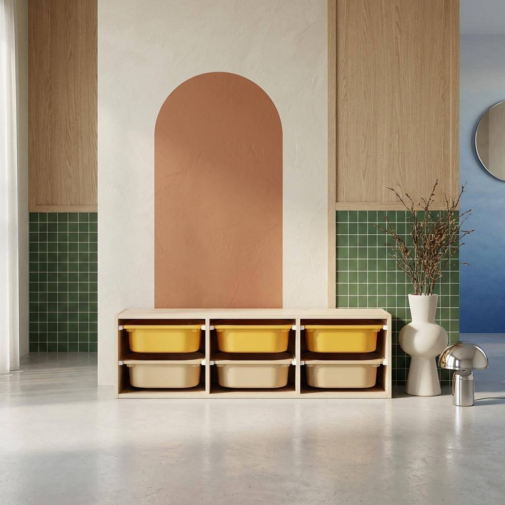 Meuble de rangement naturel pour enfant, 6 bacs en plastique moutarde taupe - Sora,sweeek,Photo2