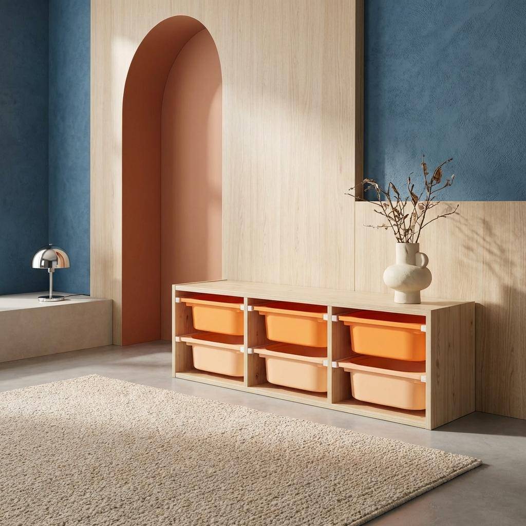 Meuble de rangement naturel pour enfant, 6 bacs en plastique orange pêche - Sora Photo1