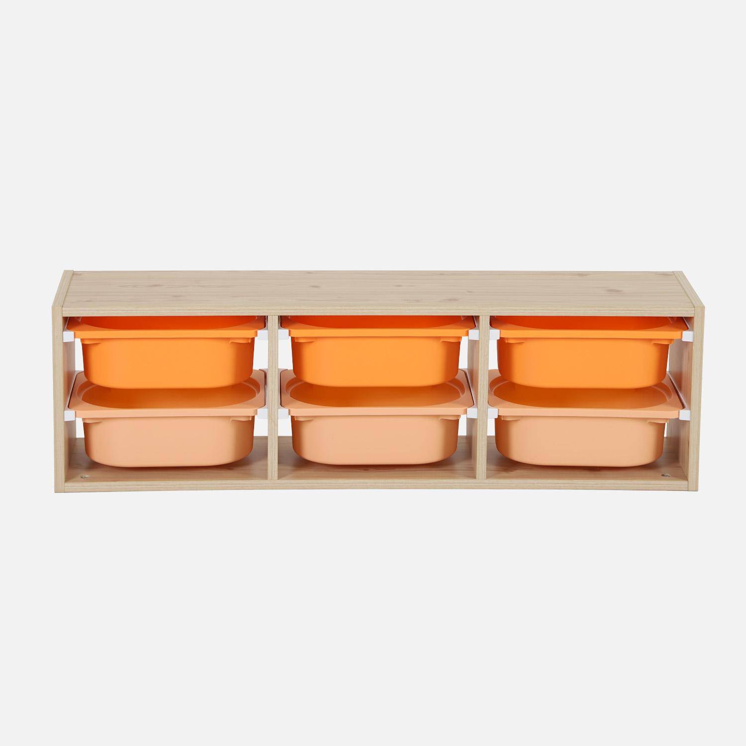 Meuble de rangement naturel pour enfant, 6 bacs en plastique orange pêche - Sora Photo2
