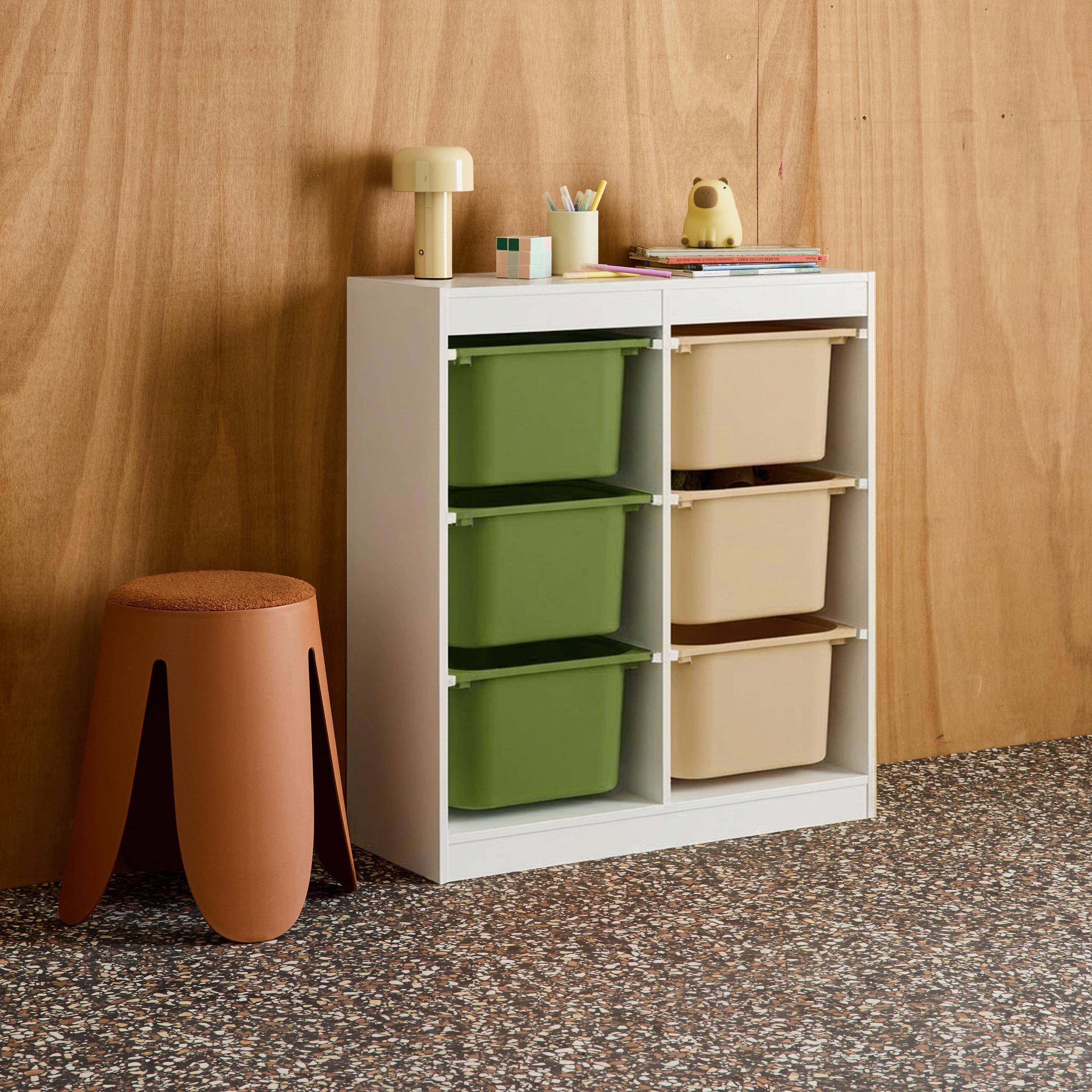 Szafka dziecięca z 6 plastikowymi pojemnikami w kolorze oliwkowym - Sora Photo2