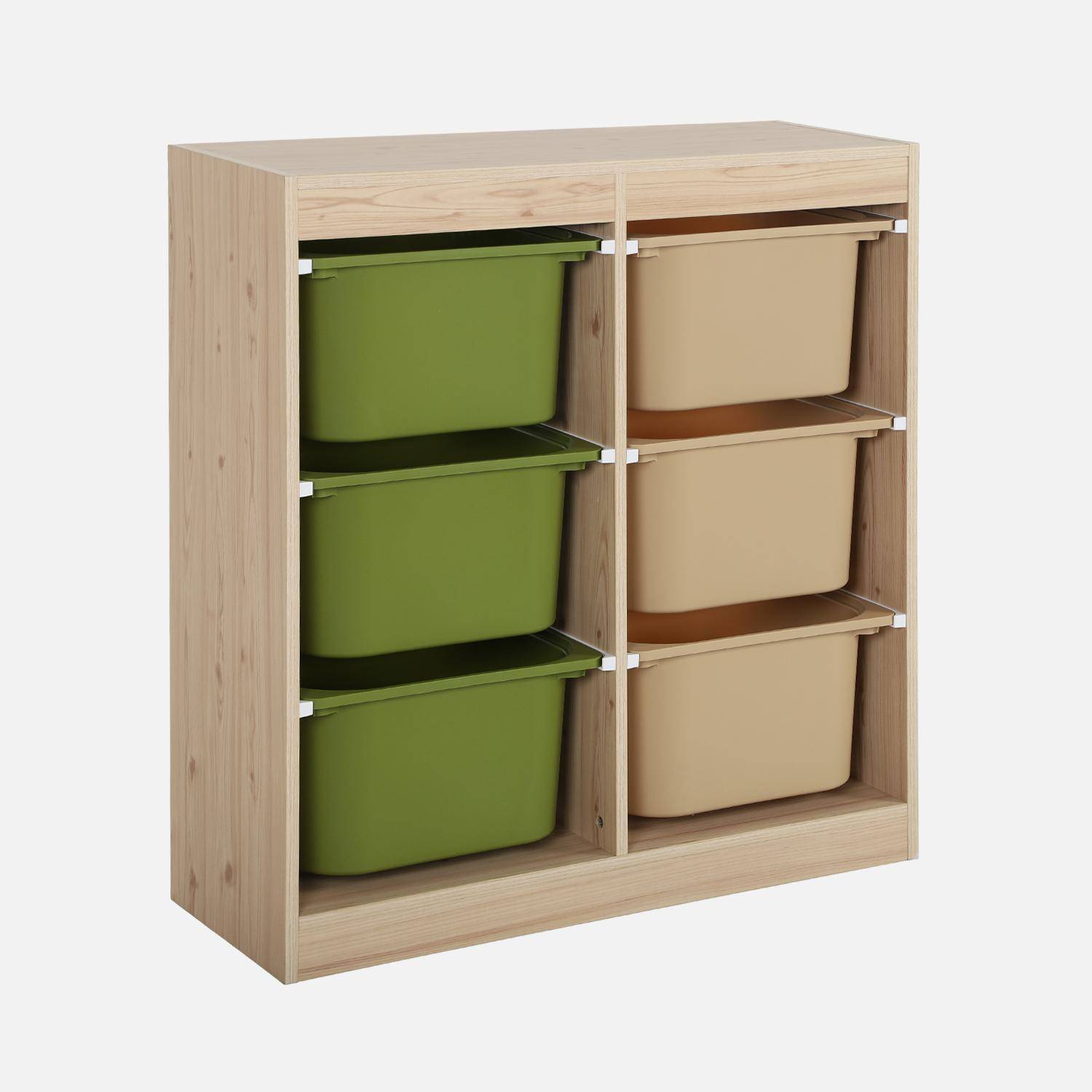 Meuble de rangement enfant 6 bacs de rangement en plastique vert olive taupe - Sora Photo1