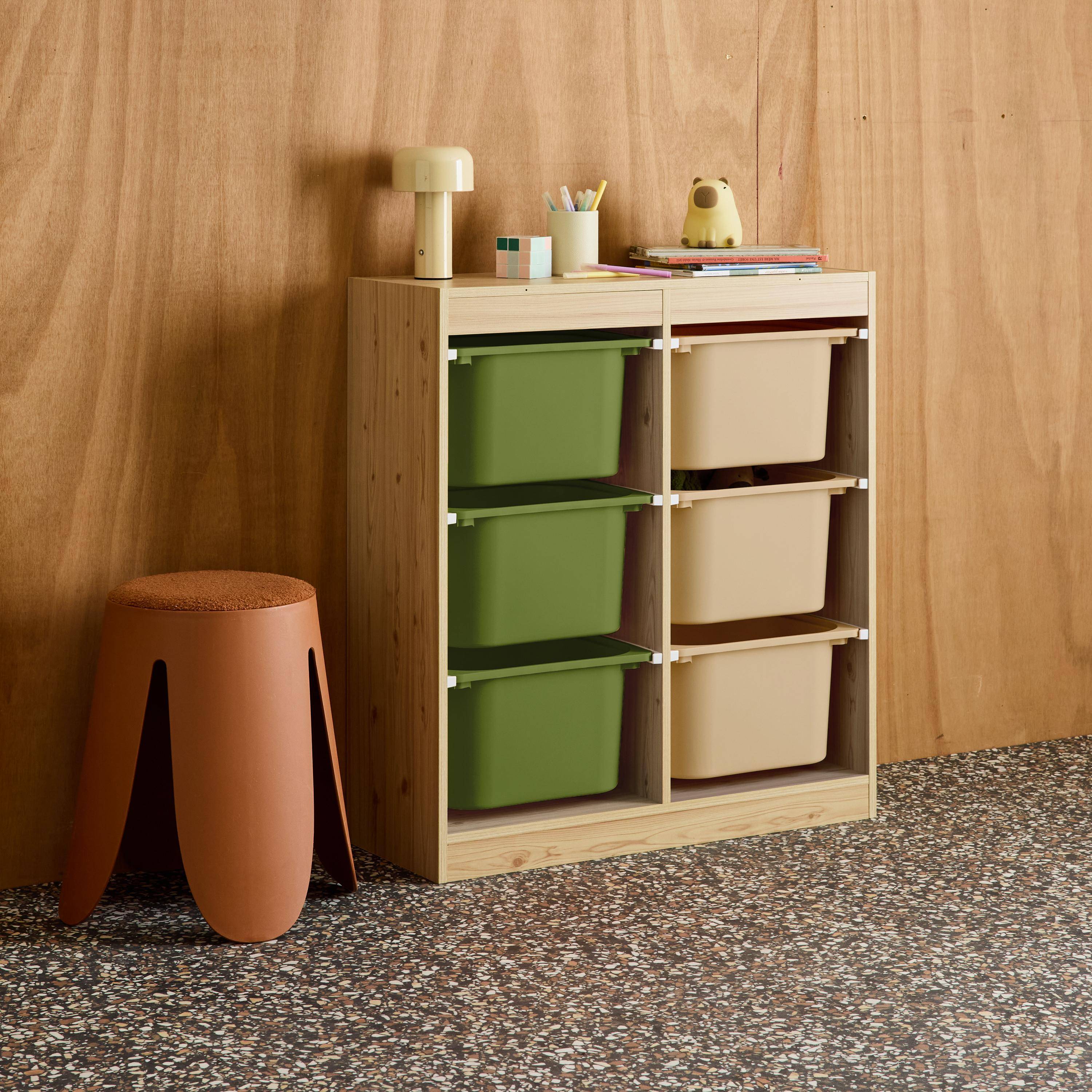 Szafka dziecięca z 6 kolorowymi pojemnikami do przechowywania z tworzywa sztucznego w kolorze oliwkowym - Sora Photo2