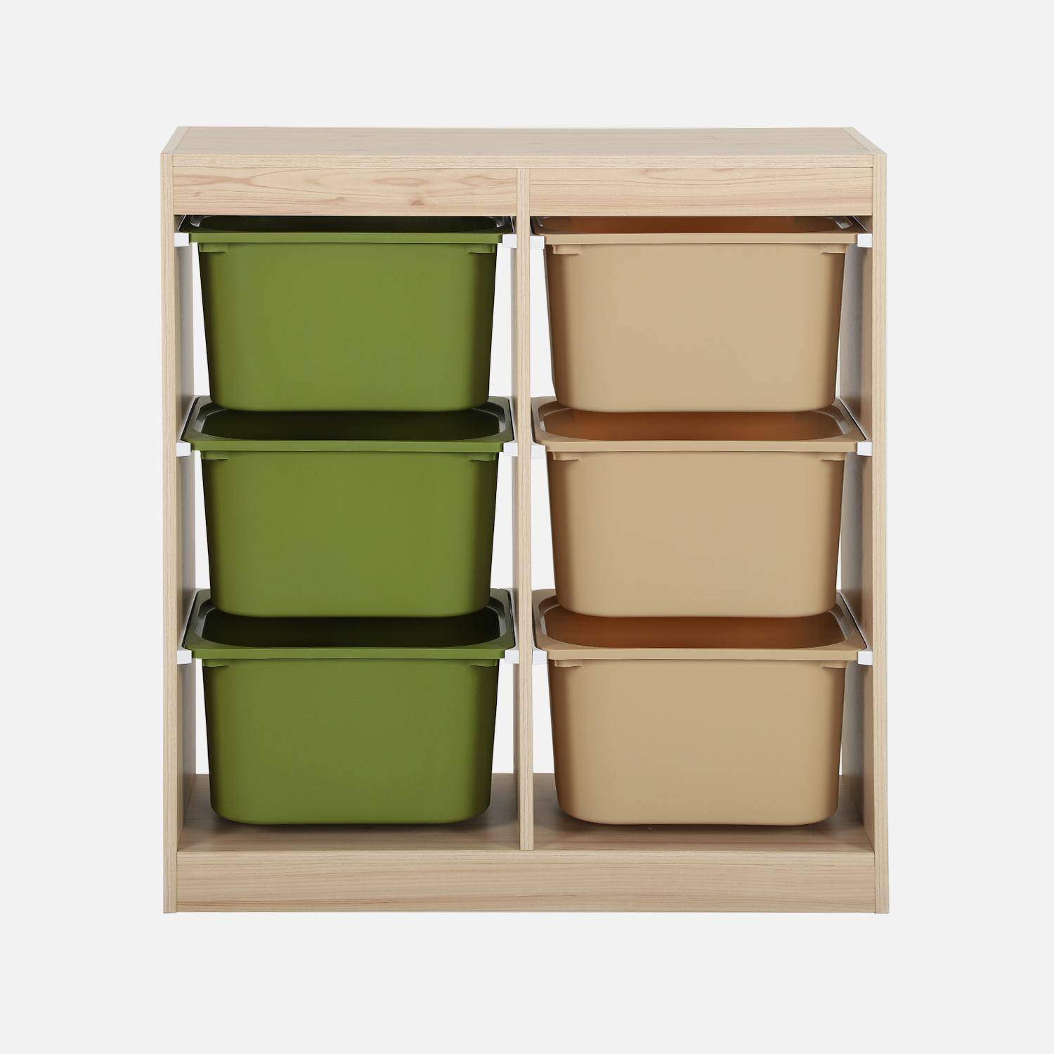 Meuble de rangement enfant 6 bacs de rangement en plastique vert olive taupe - Sora Photo2