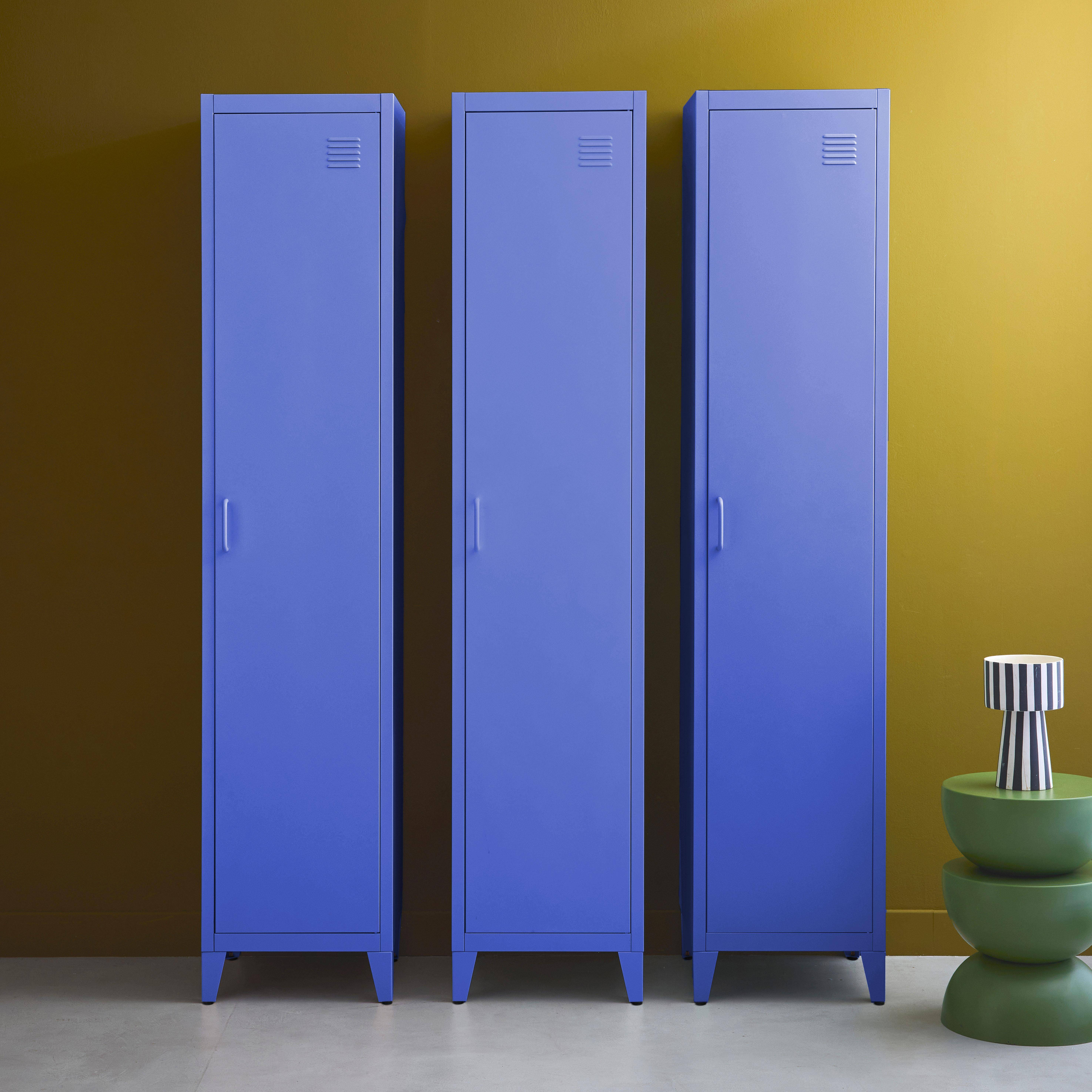 Armoire chambre en acier bleu, 4 espaces de rangement, casier, L 180 x l 38 x H 38cm Photo1