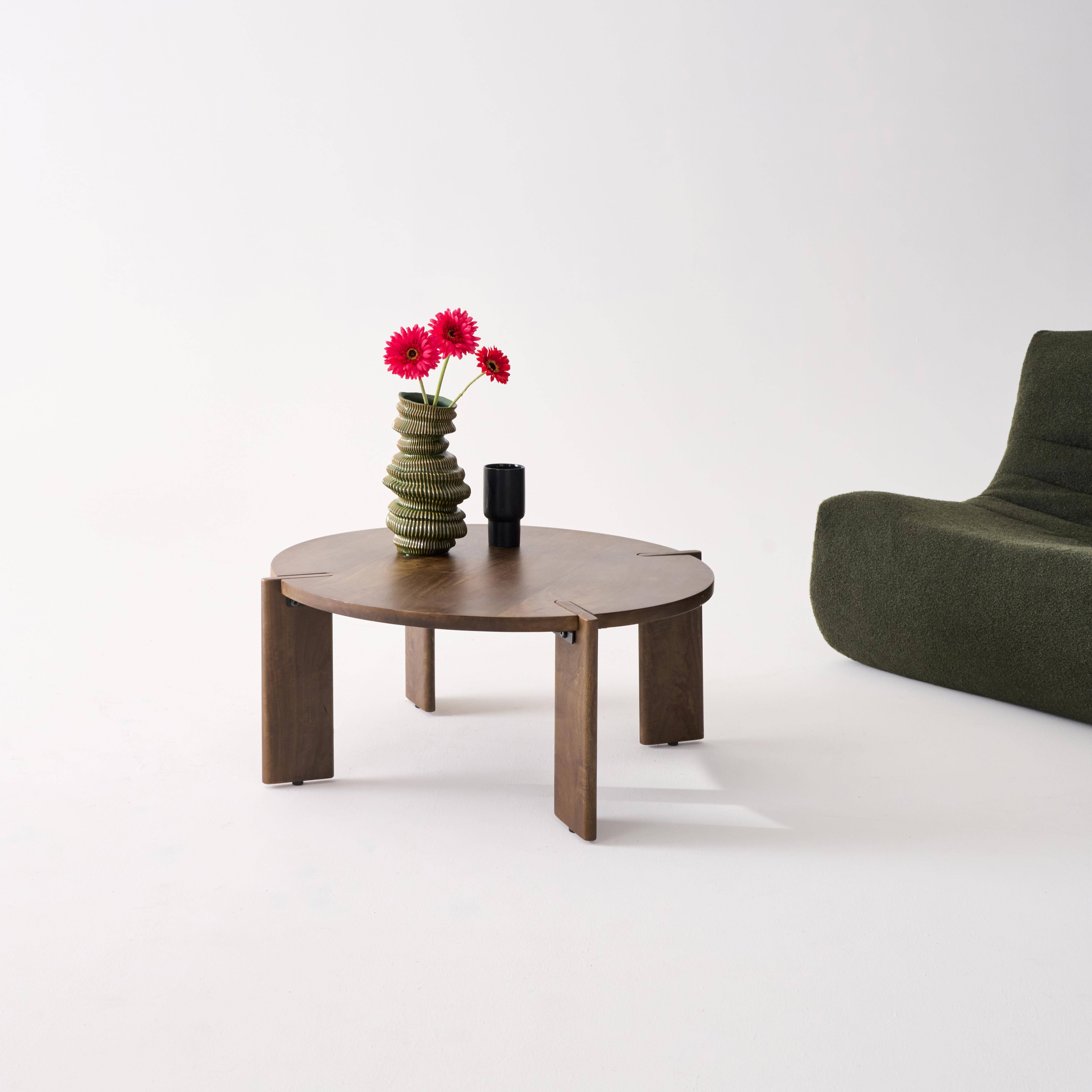 Round Solid Mango Wood Coffee Table, Reva, Walnut coloured, 80x80x36 cm,sweeek,Photo2