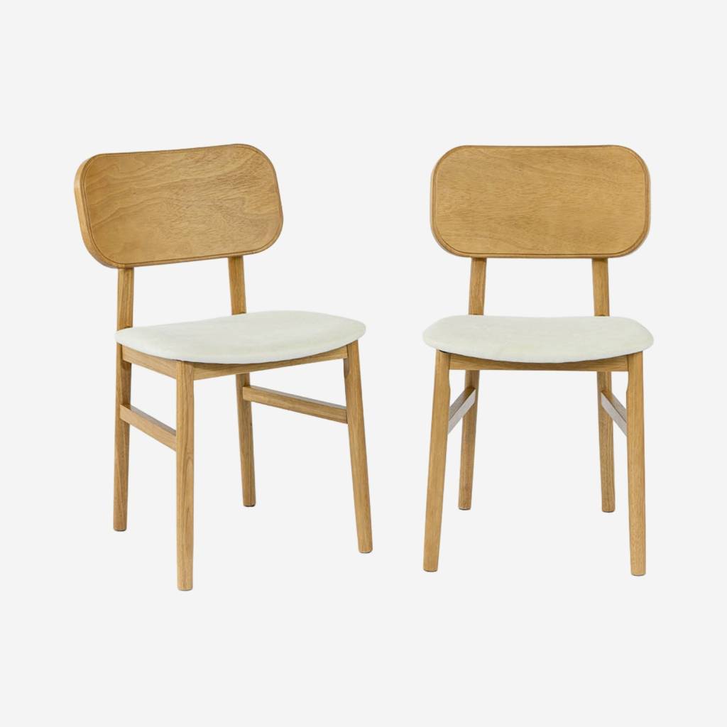 Set di 2 sedie vintage in legno di hevea e tessuto, Marrone naturale