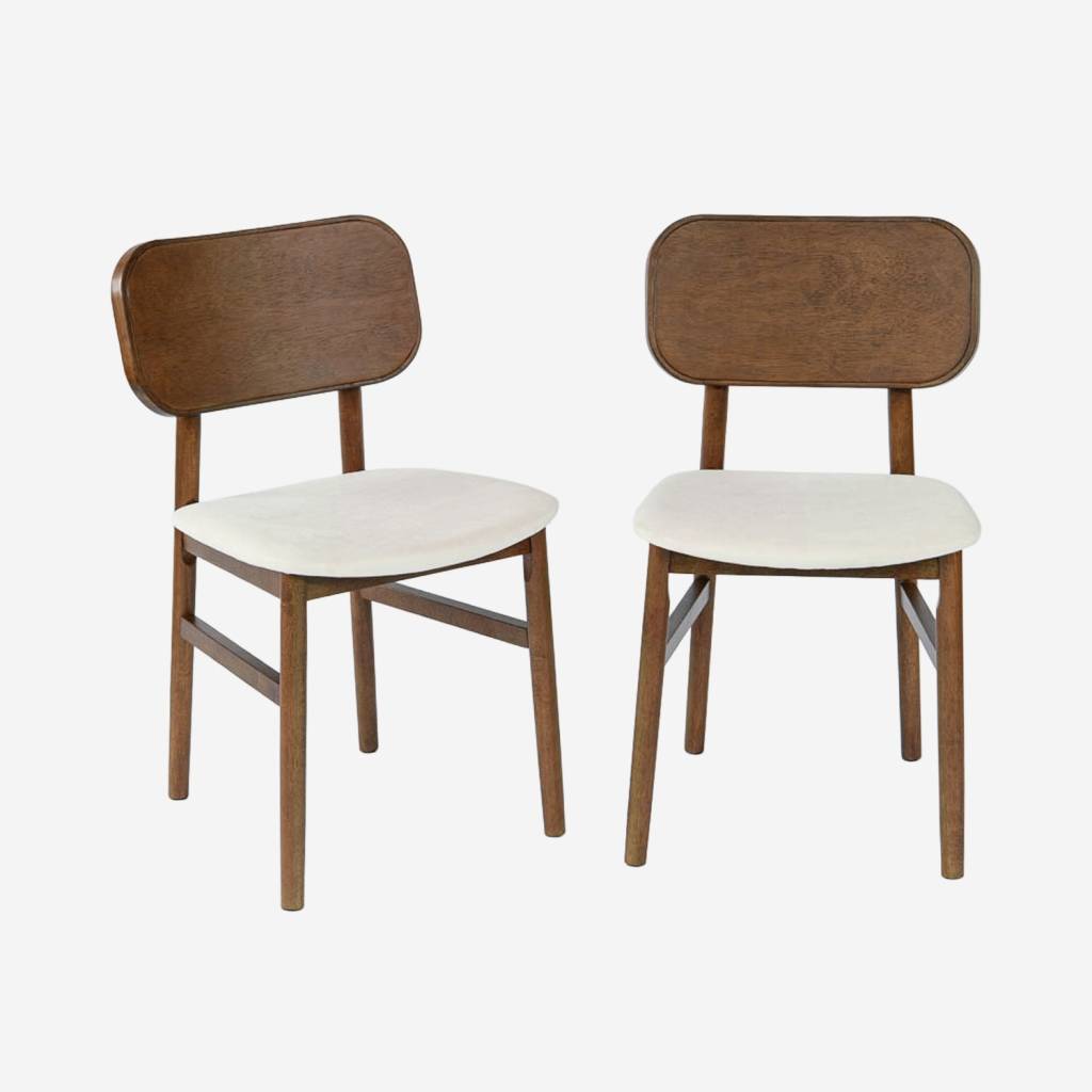 Set di 2 sedie vintage in legno di hevea e tessuto, Marrone