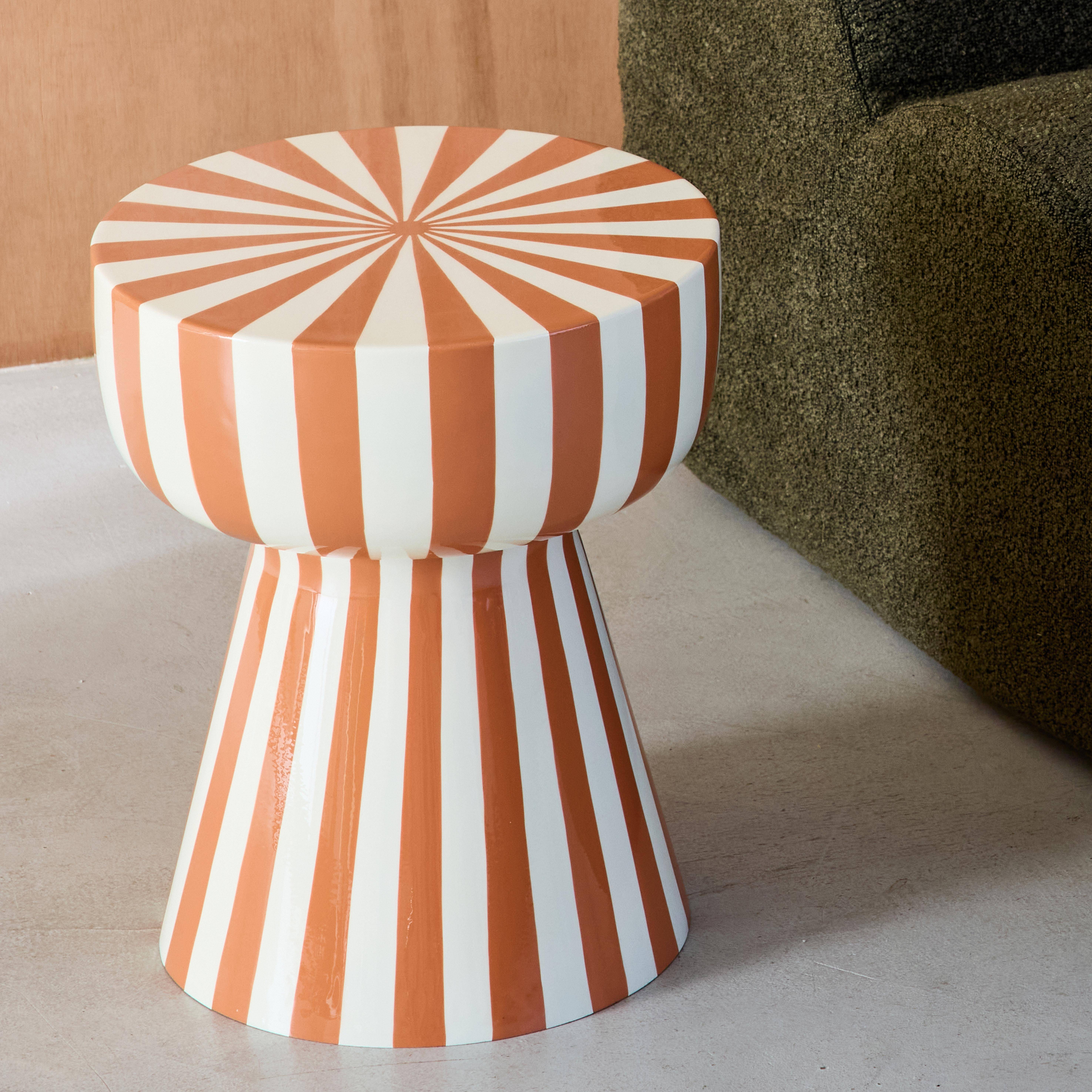 Bijzettafel, nachtkastje, geëmailleerd staal gestreept terracotta en wit Ø34 x H41cm - Ziggy Photo4
