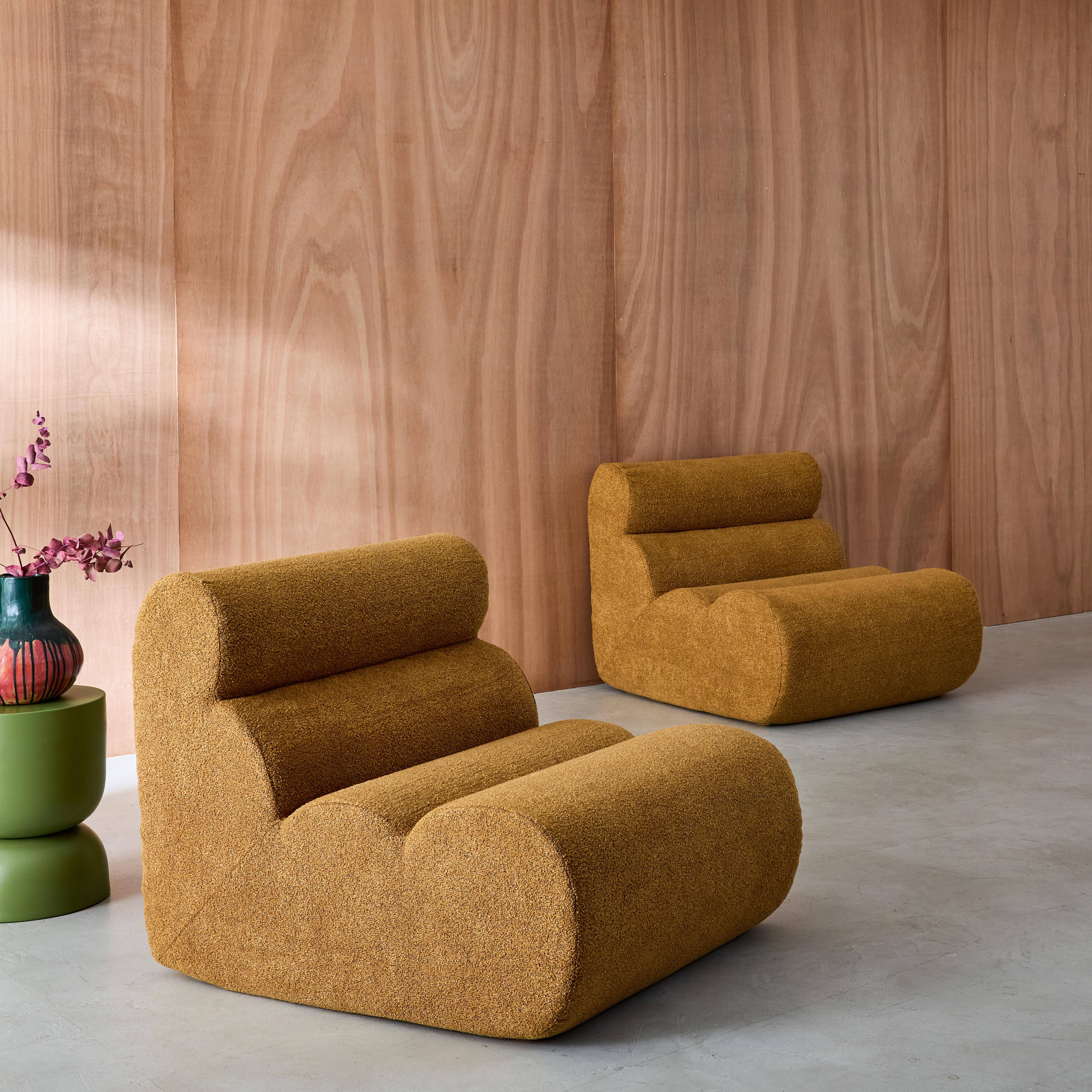 2er-Set Lounge-Sessel mit Bouclé-Bezug in senfgelb| sweeek