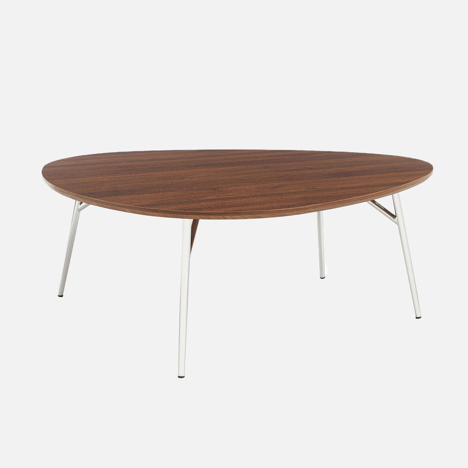 Ovaler Couchtisch mit verchromten Metallbeinen und Nussbaumlook - Ezia Photo1
