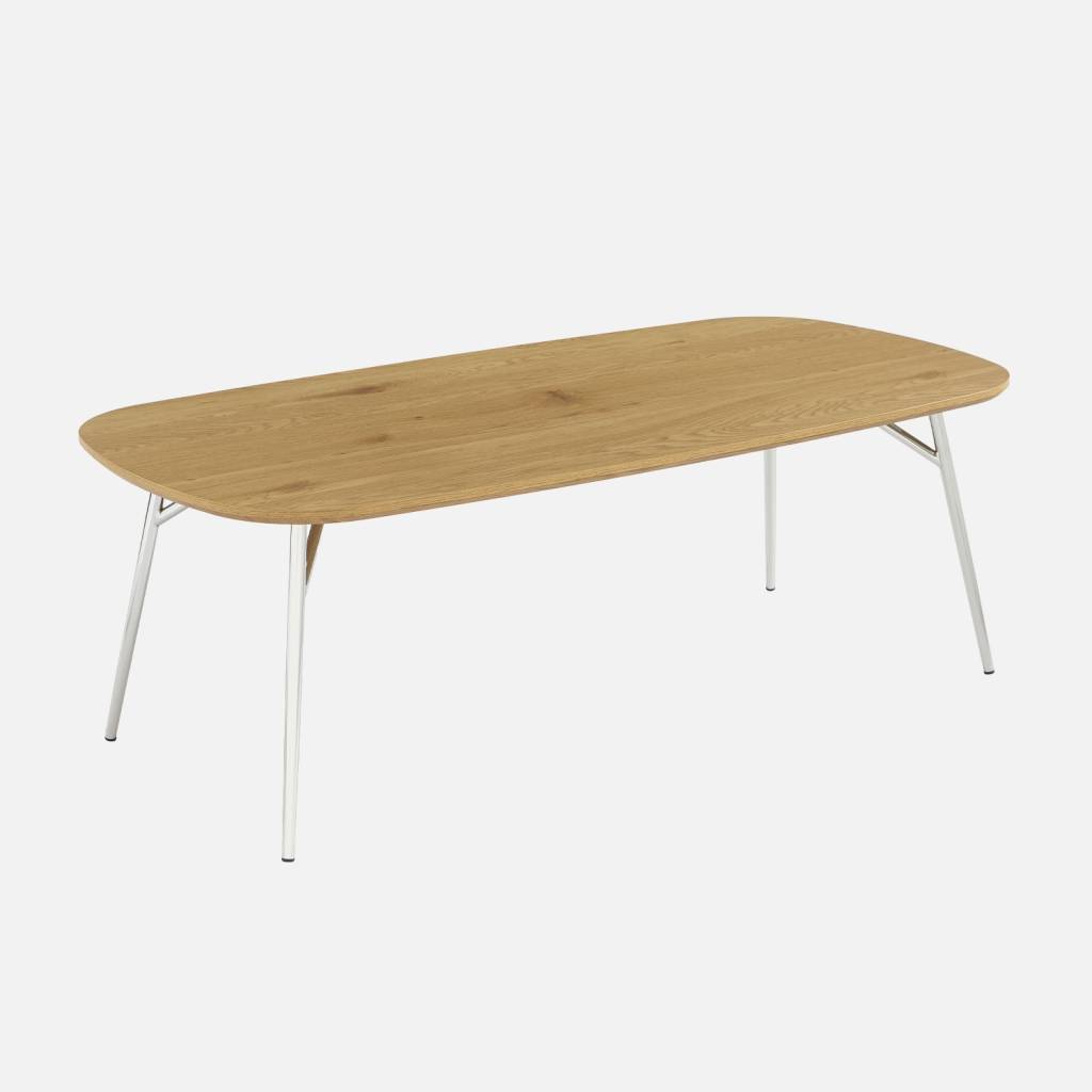 Mesa de centro rectangular con patas cromadas y decoración de madera, Roble