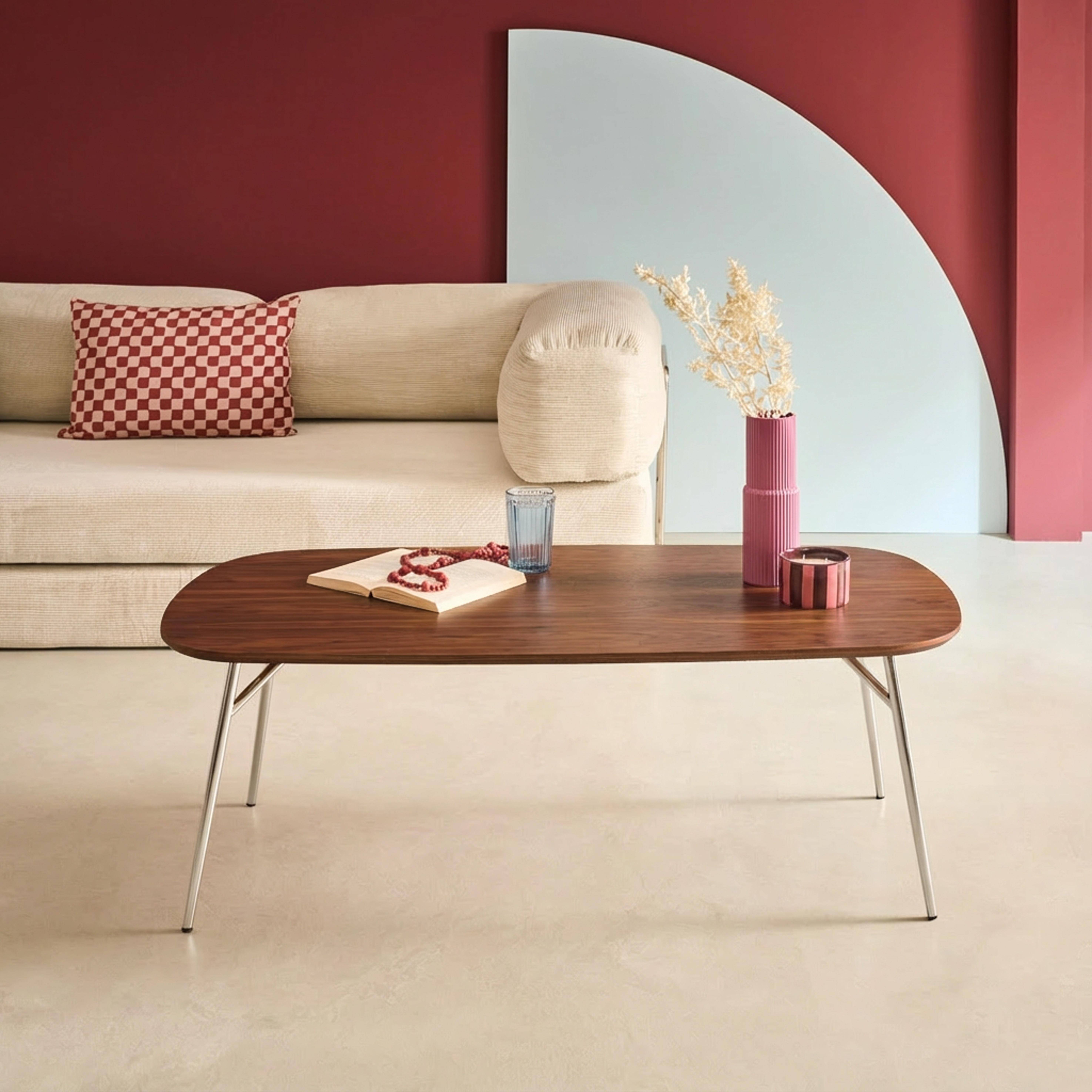 Rechthoekige salontafel met walnoothouteffect en verchroomde poten L 120 x B 60 x H 41 cm - Ezia Photo1