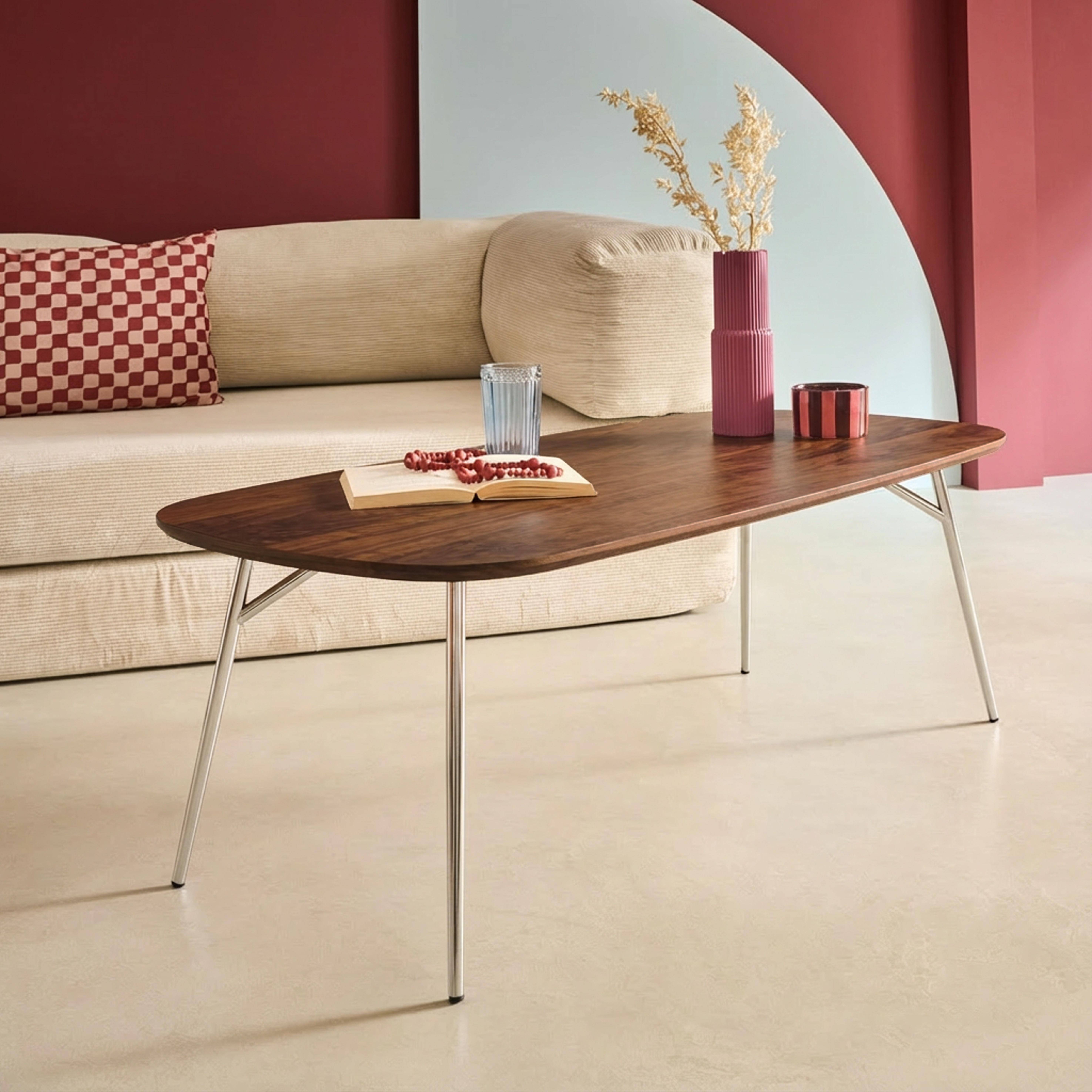 Rechthoekige salontafel met walnoothouteffect en verchroomde poten L 120 x B 60 x H 41 cm - Ezia Photo2