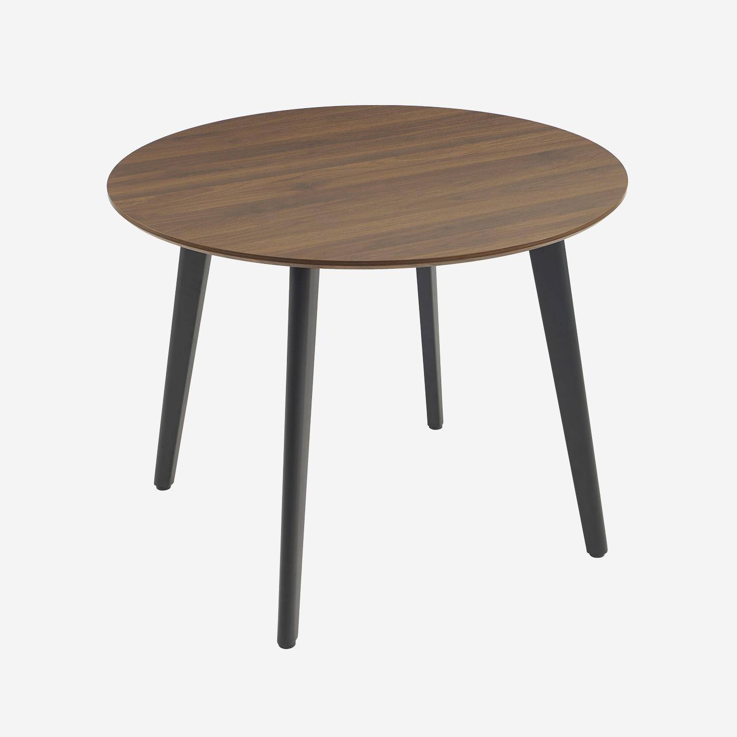 Table à manger ronde effet noyer pieds métal noir 4 places Photo1