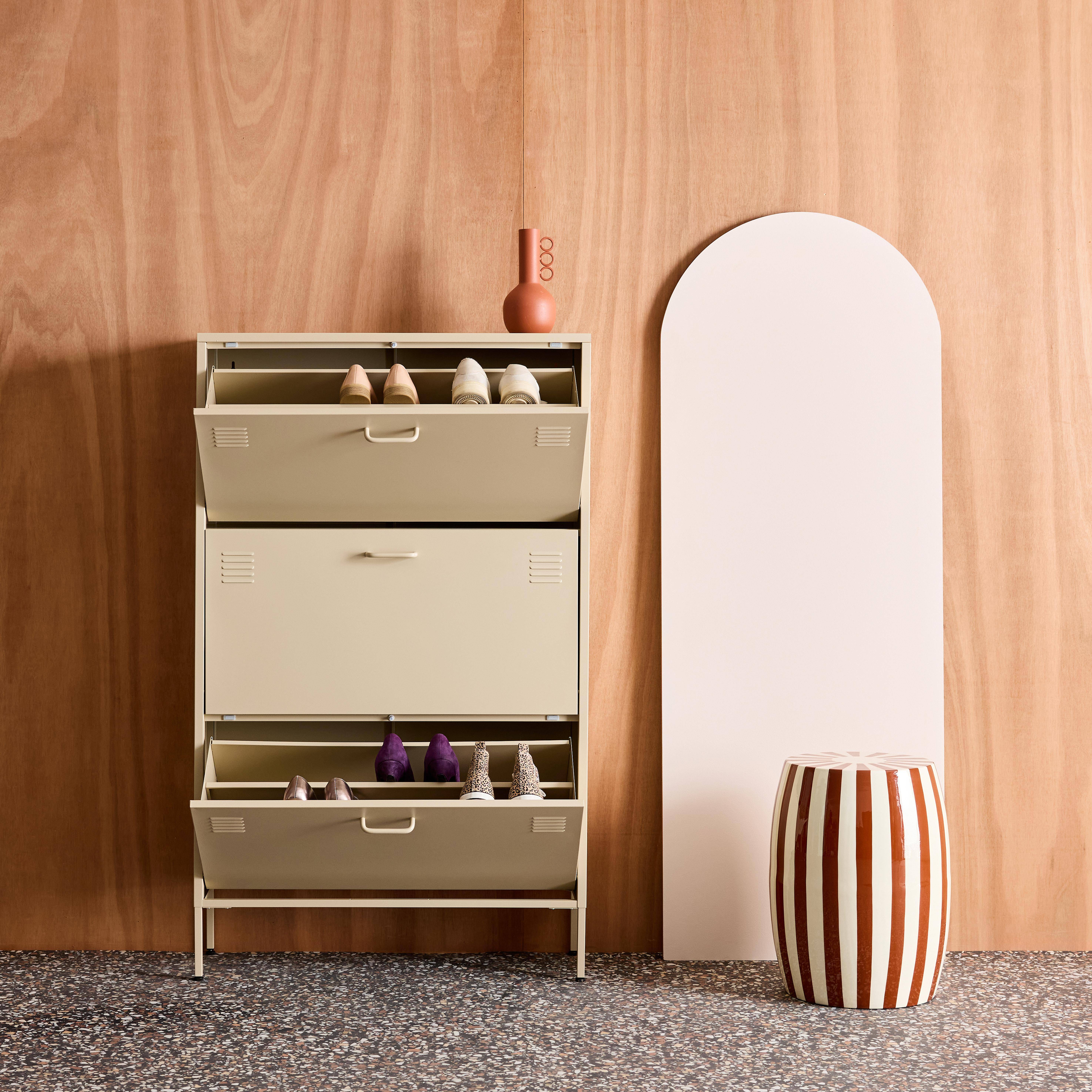 Industrialna szafka na buty z kremowego metalu, 3 szuflady - 80 x 29 x 132,5 cm - Alabama Photo4