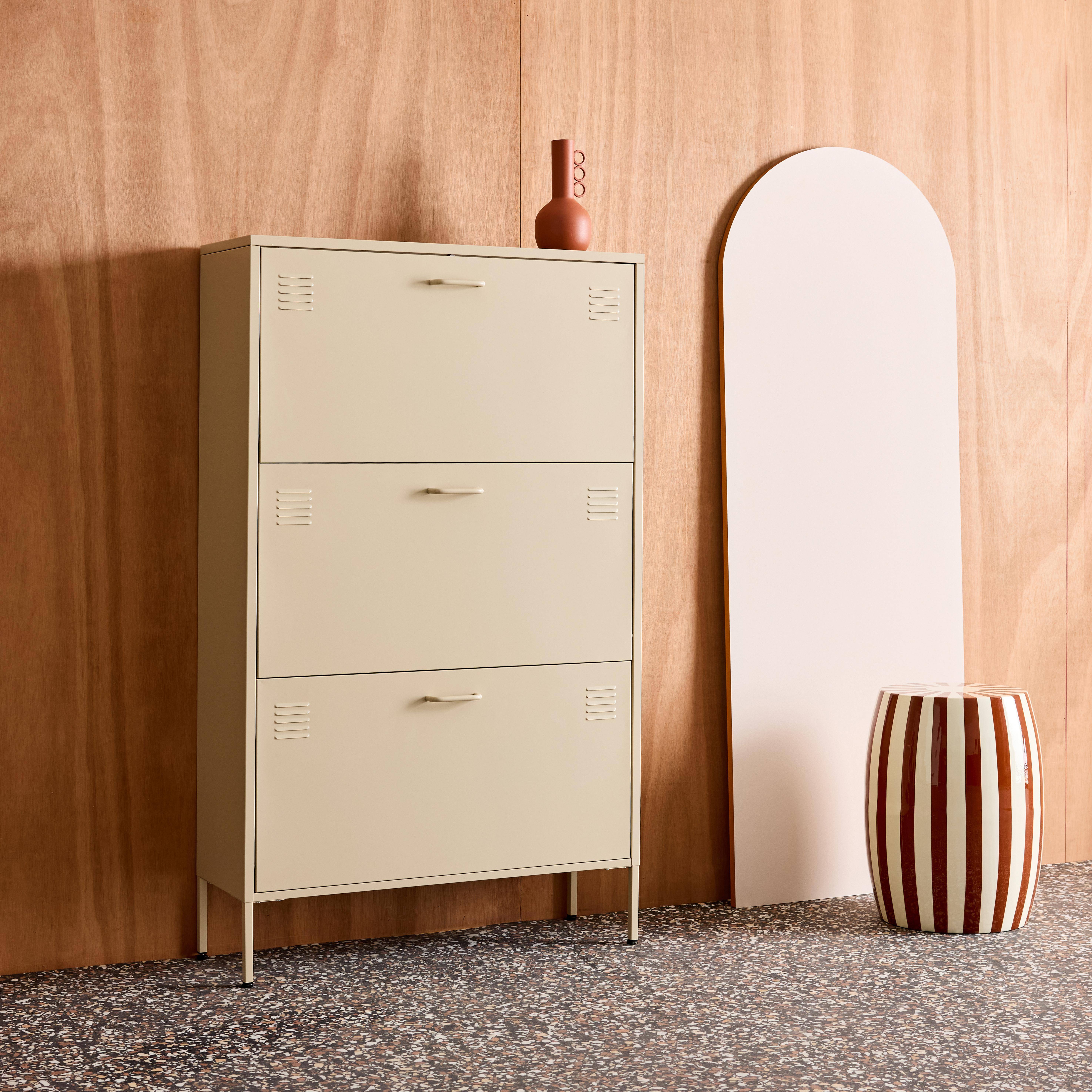 Industrialna szafka na buty z kremowego metalu, 3 szuflady - 80 x 29 x 132,5 cm - Alabama Photo5