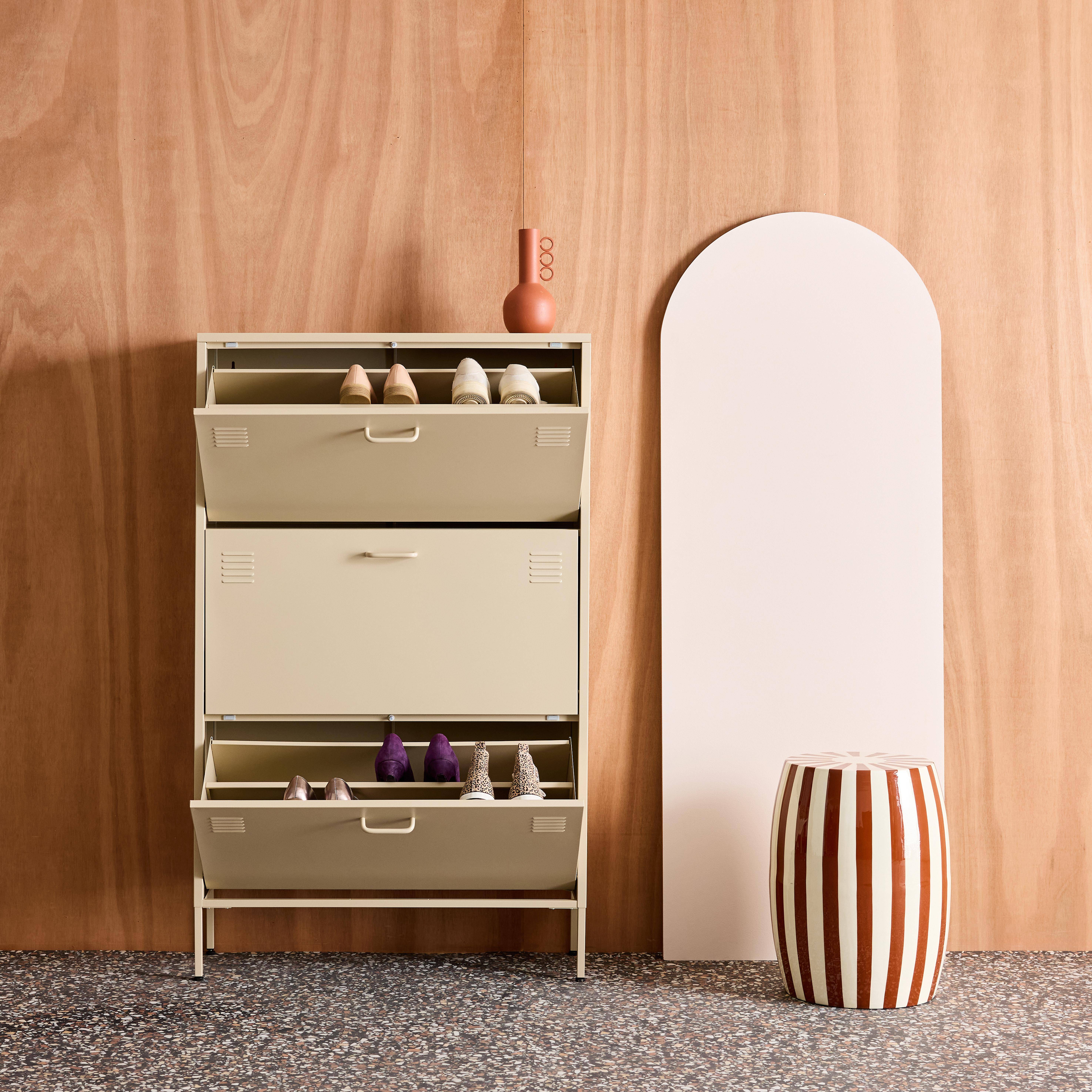 Industrialna szafka na buty z kremowego metalu, 3 szuflady - 80 x 29 x 132,5 cm - Alabama,sweeek,Photo3