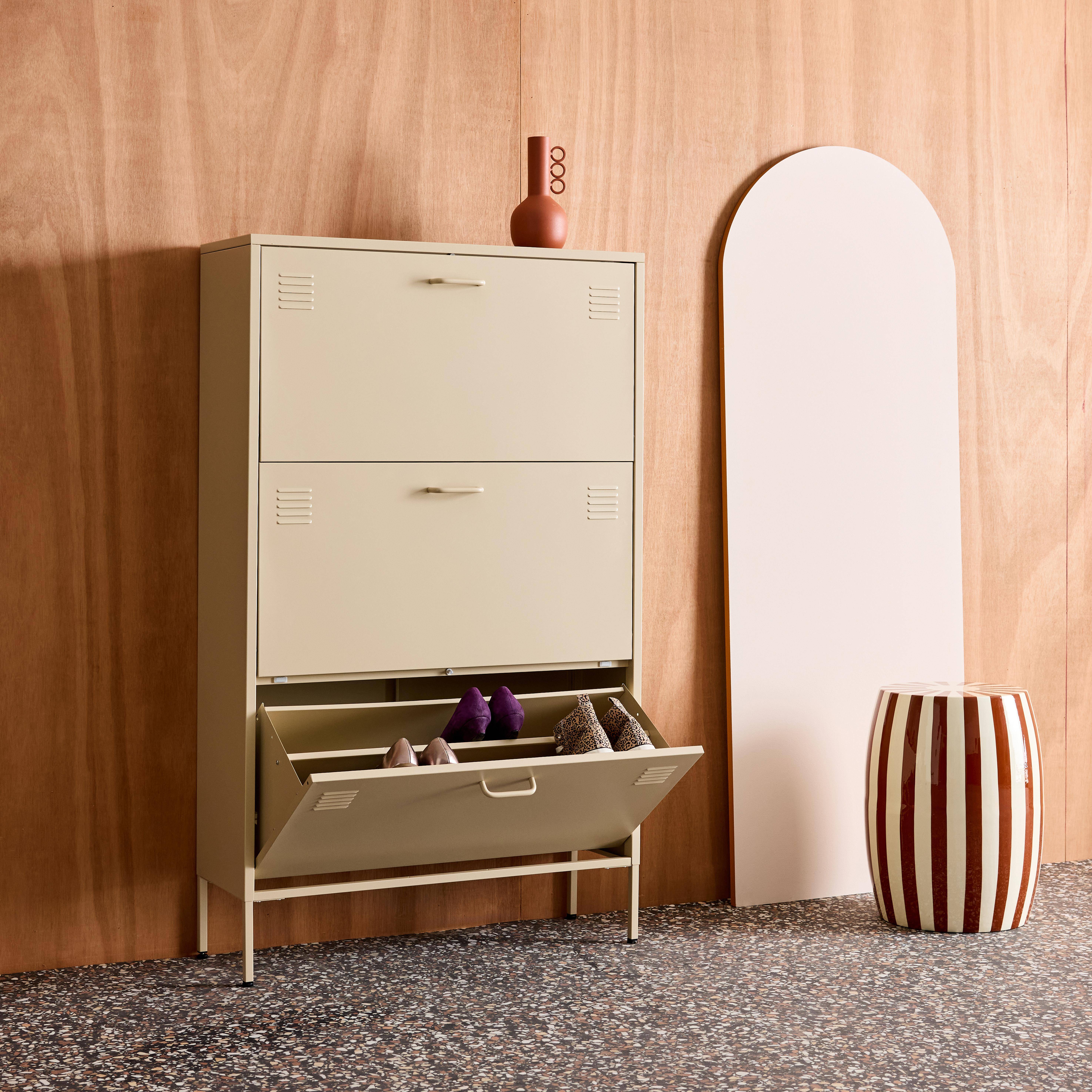 Industrialna szafka na buty z kremowego metalu, 3 szuflady - 80 x 29 x 132,5 cm - Alabama Photo6