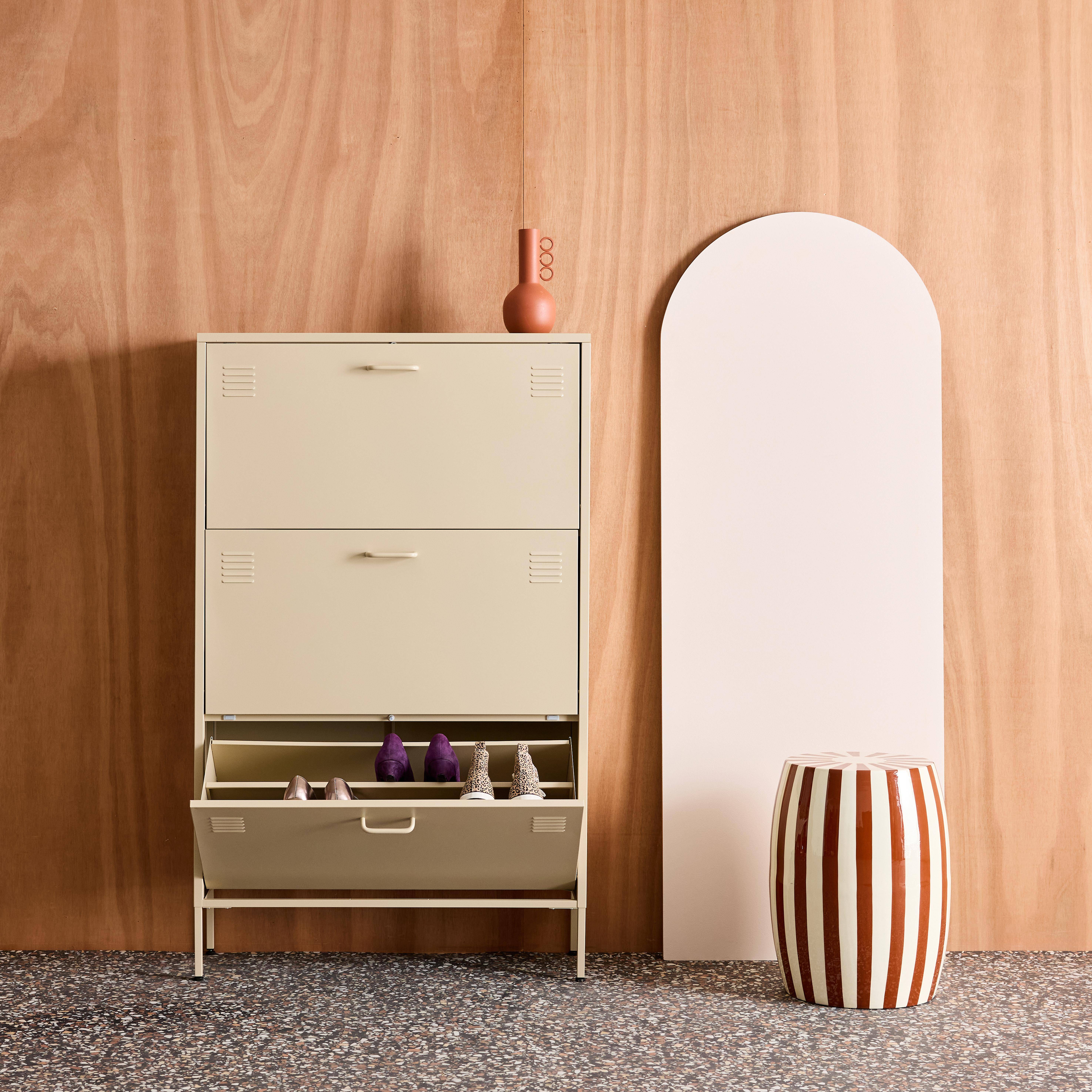 Industrialna szafka na buty z kremowego metalu, 3 szuflady - 80 x 29 x 132,5 cm - Alabama Photo2