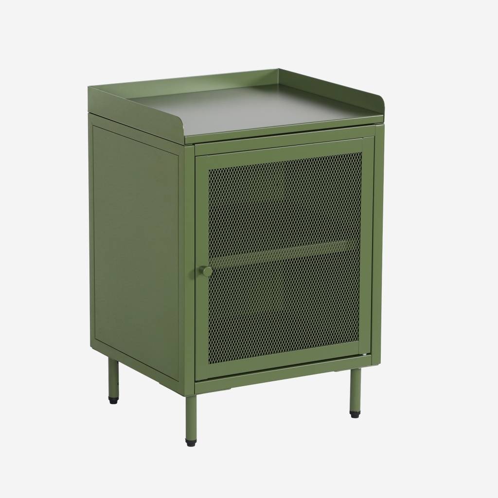 Table de chevet industrielle métal vert 1 porte grillagée