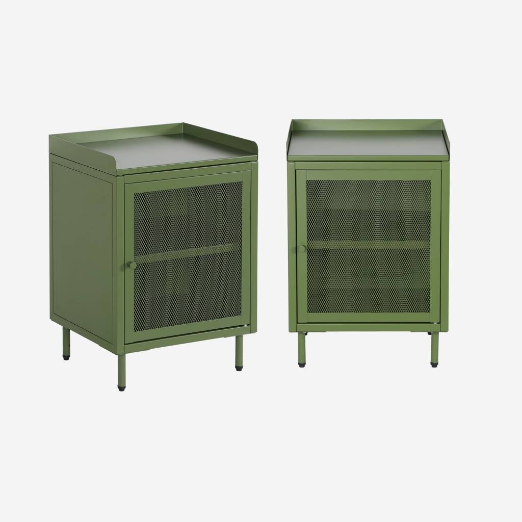 Table de chevet industrielle métal vert 1 porte grillagée (lot de 2)