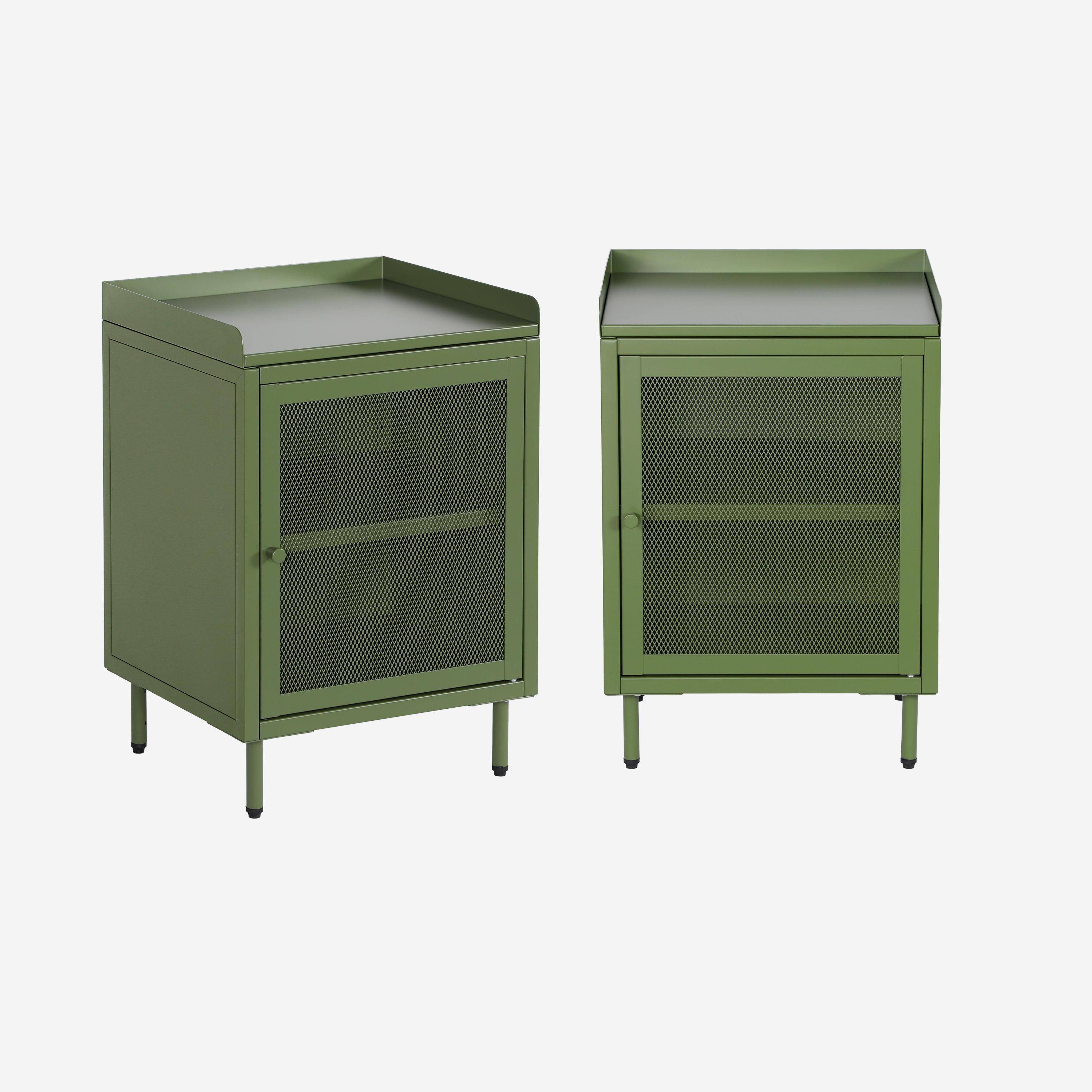 Lot de 2 tables de chevet industrielles métal vert 1 porte grillagée, 40 x 37 x 58,5 cm - Ohio Photo1