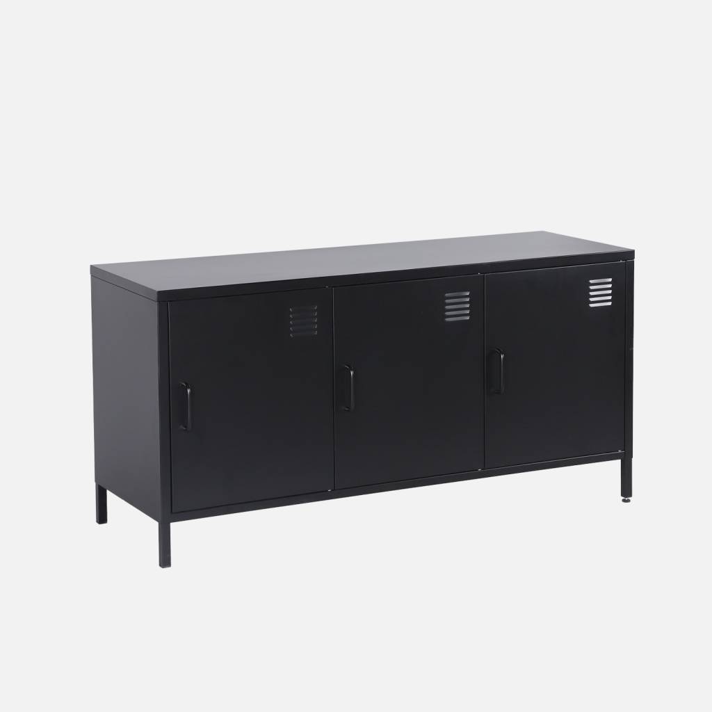 Móvel de TV industrial de metal com 3 portas, 120cm, Preto