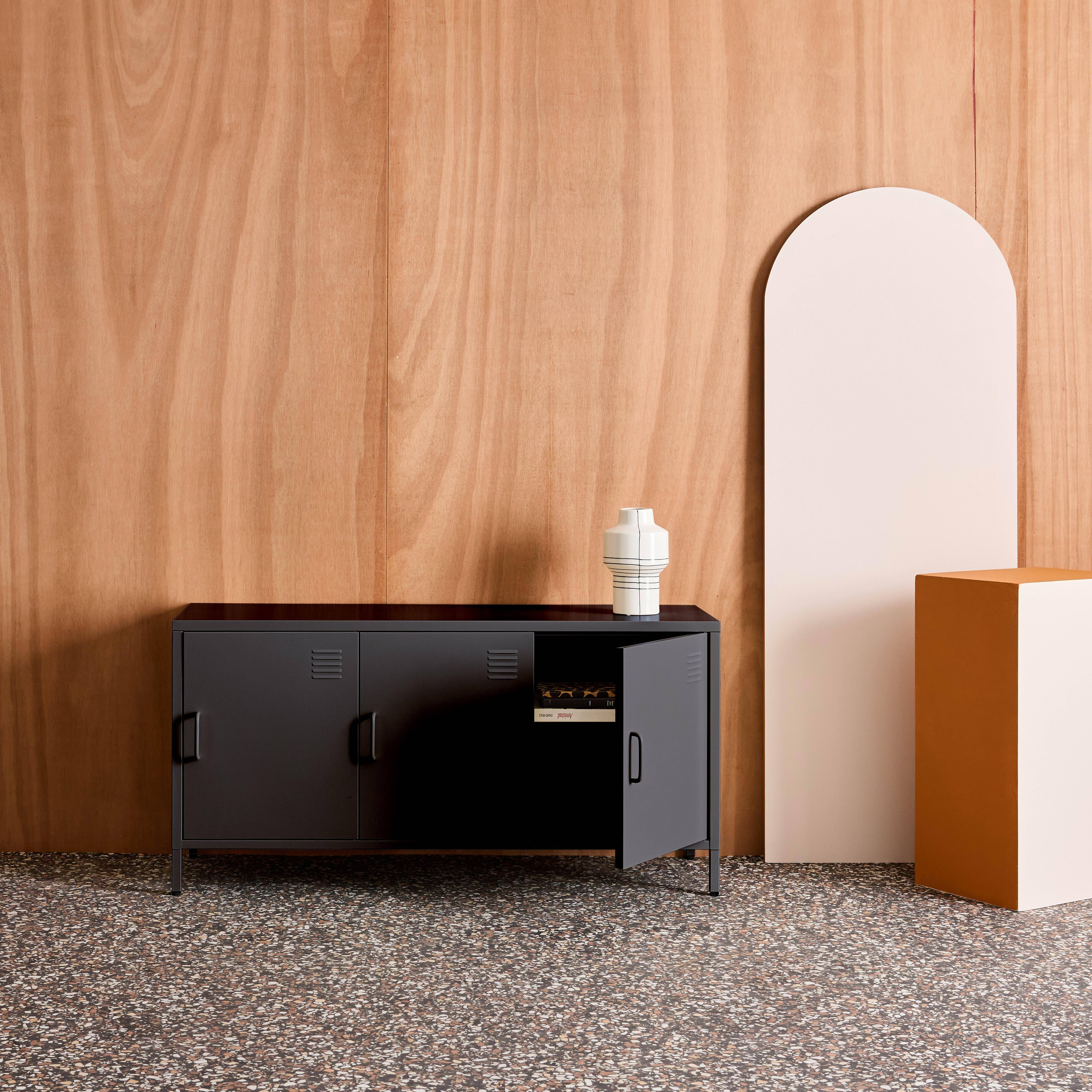 Mueble de TV industrial de metal con 3 puertas, 120cm, Alabama, Negro, 120x40x60 cm Photo2