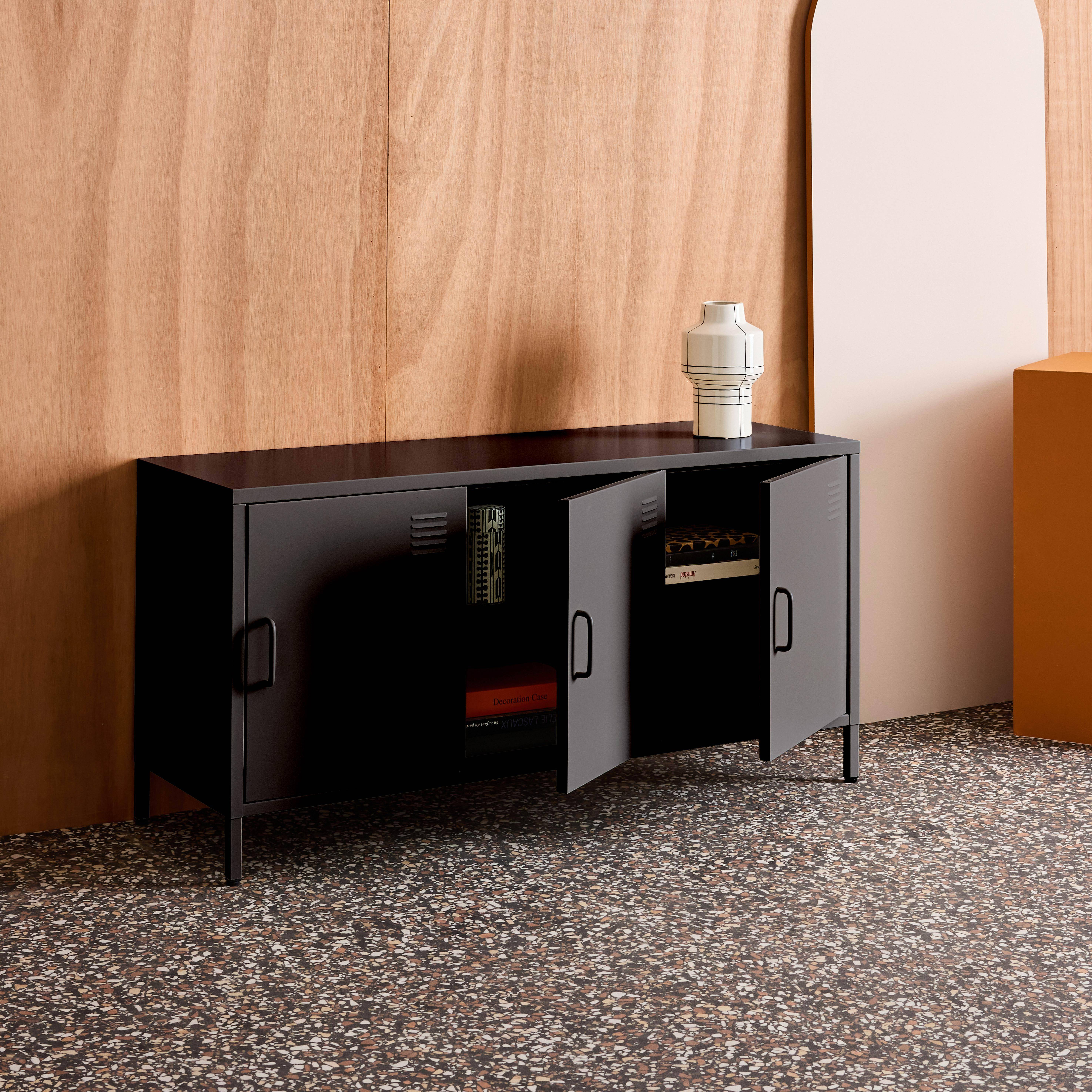 Mueble de TV industrial de metal con 3 puertas, 120cm, Alabama, Negro, 120x40x60 cm,sweeek,Photo4