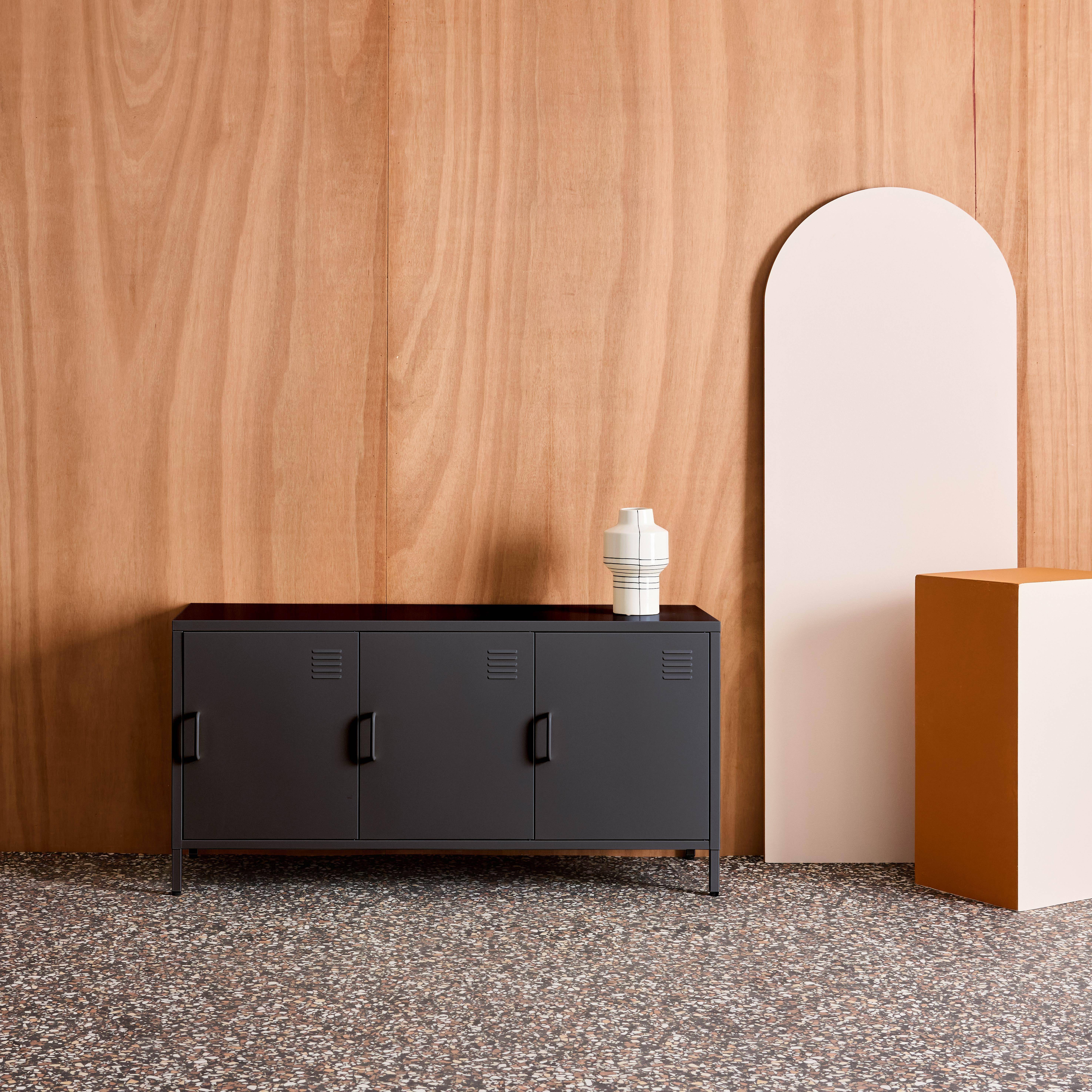 Mueble de TV industrial de metal con 3 puertas, 120cm, Alabama, Negro, 120x40x60 cm,sweeek,Photo1