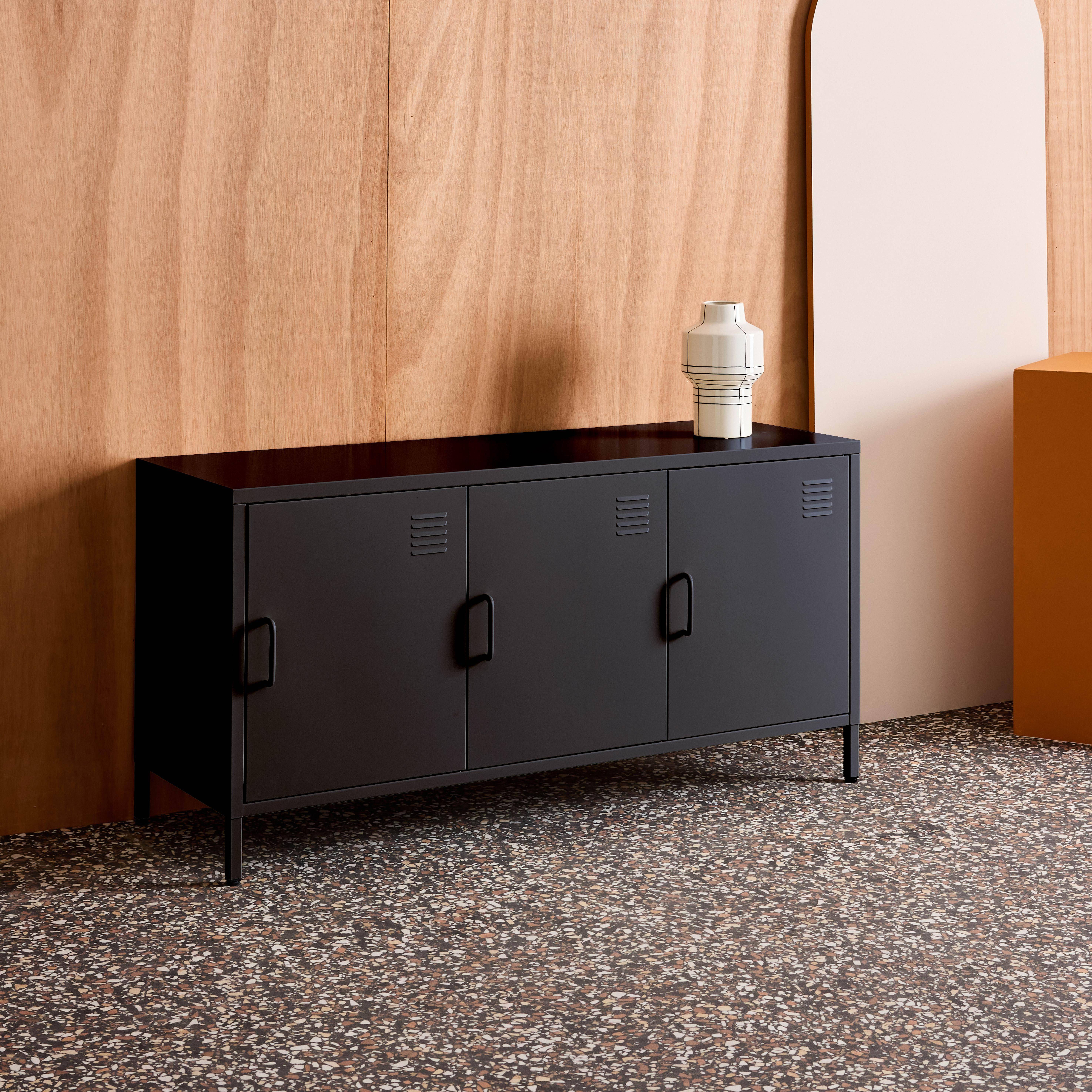 Mueble de TV industrial de metal con 3 puertas, 120cm, Alabama, Negro, 120x40x60 cm Photo5